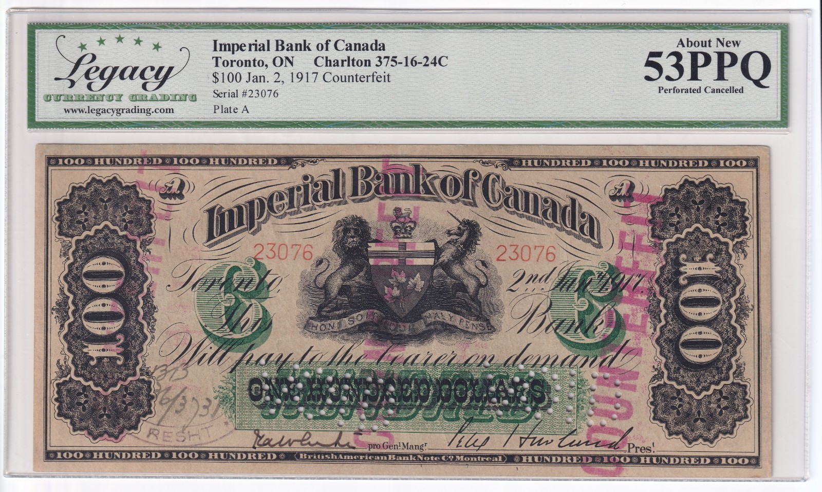 Imperial Bank Of Canada 1917 $100 One Hundred Dollar Counterfit Note Legacy AU53