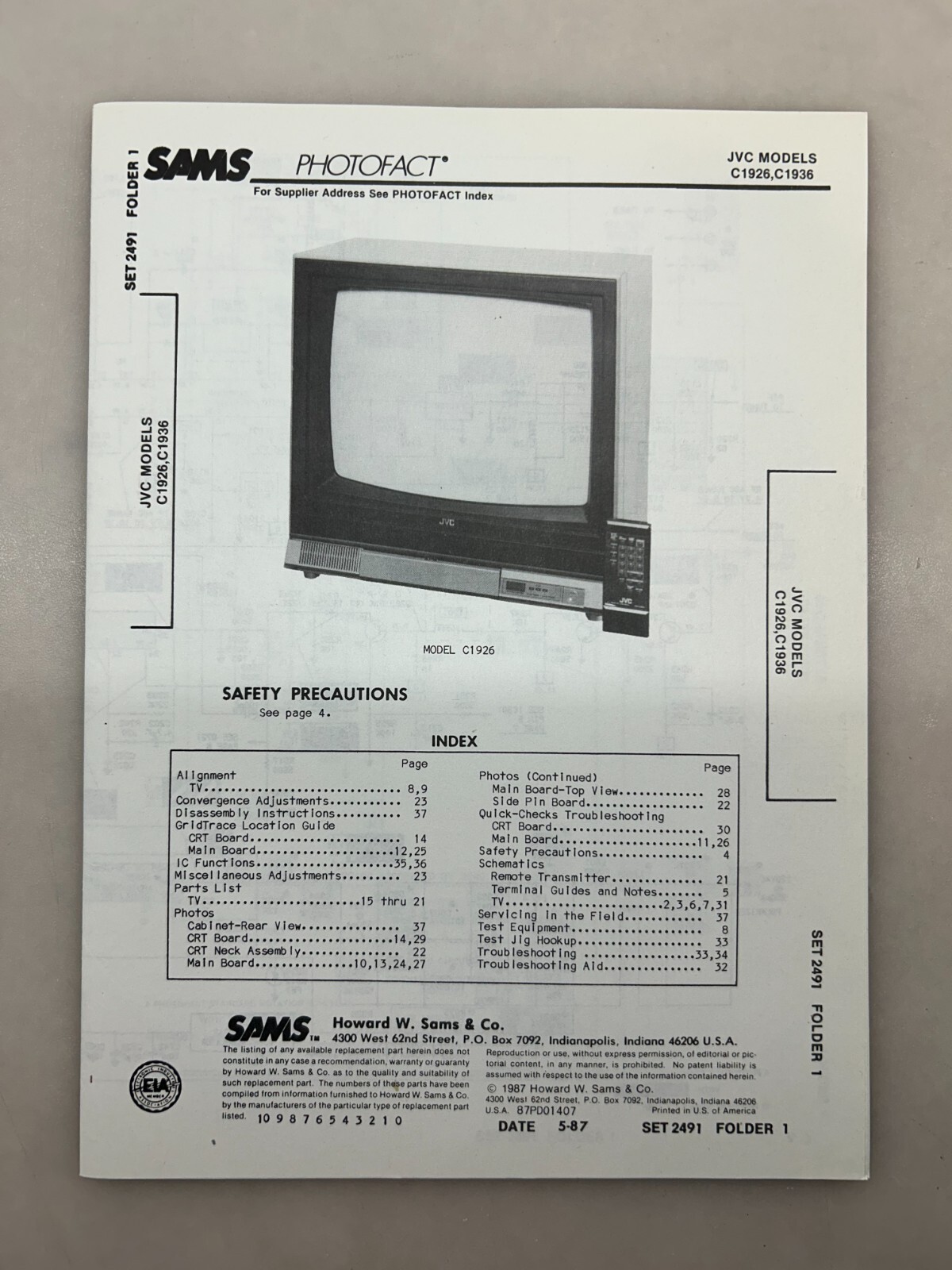JVC C1926 C1936 Service Manual Sams Photofact Free Shipping