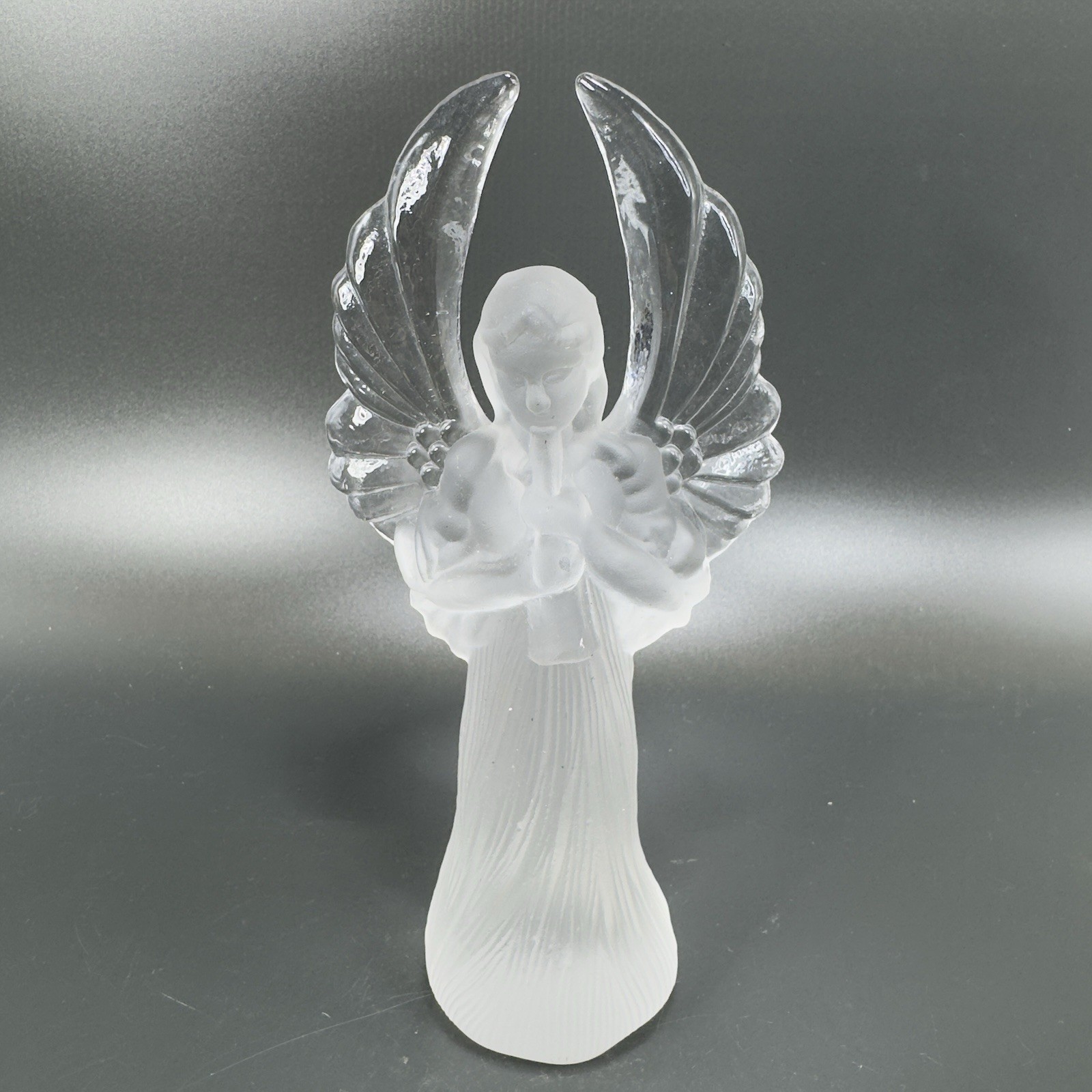 Vintage 1980s Clear Crystal Glass Angel Figurine Frosted Satin Finish Glass VTG