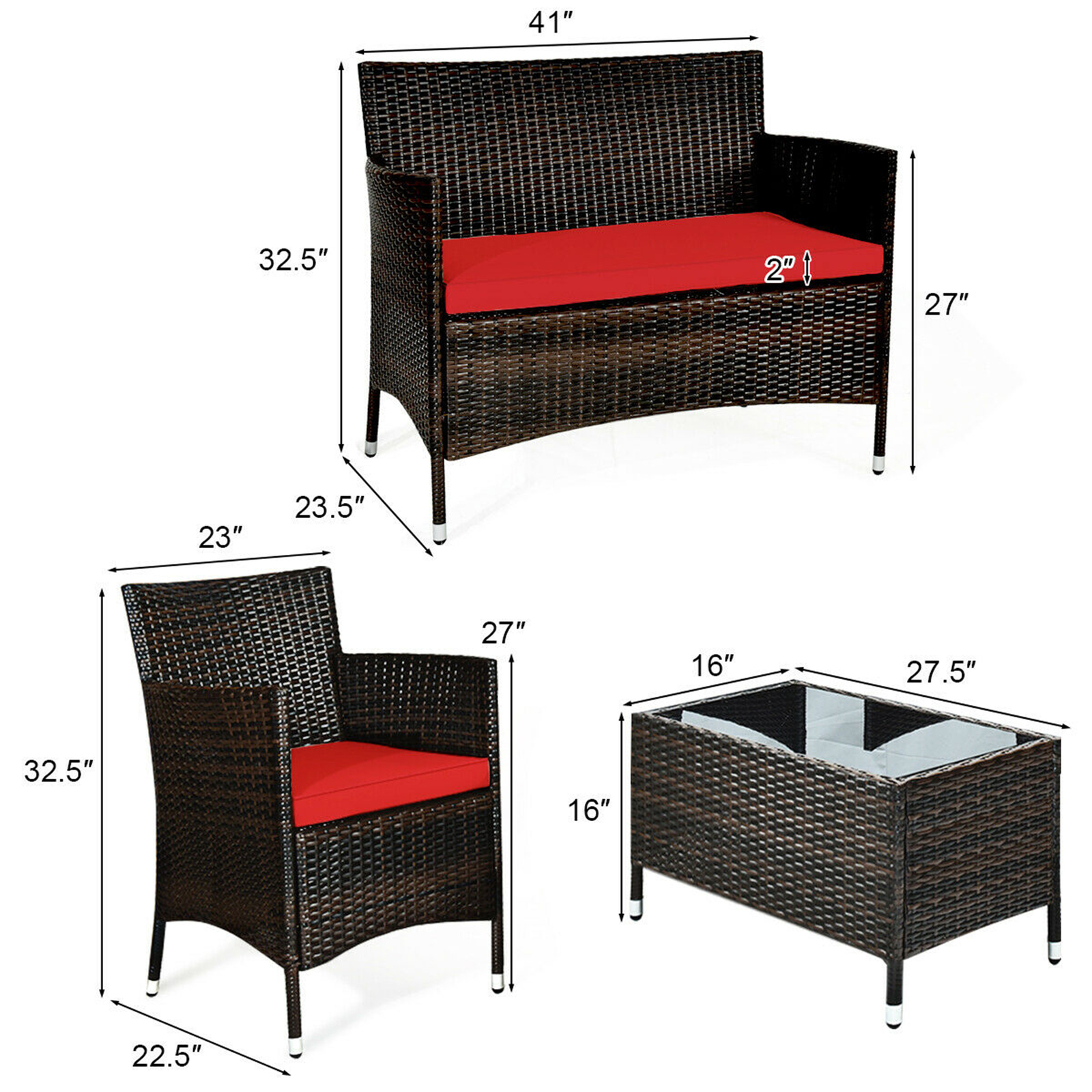 4PCS Patio Rattan Conversation Furniture Set Outdoor w/ Red Cushion