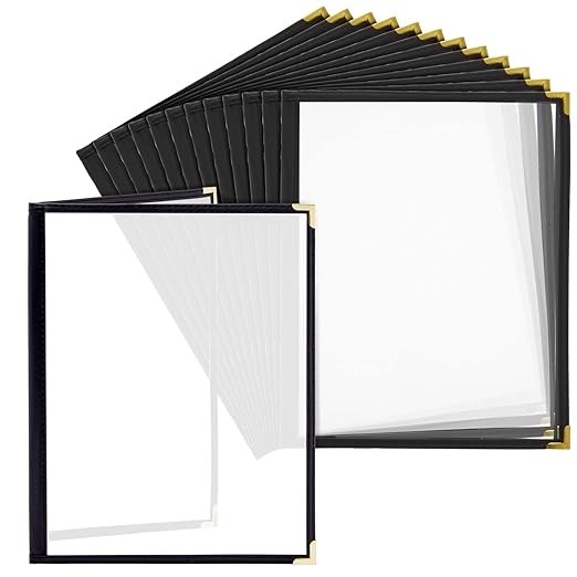 Portamenús 8x11'' PU Negro 4 Vistas con Esquinas Doradas, Pack 12