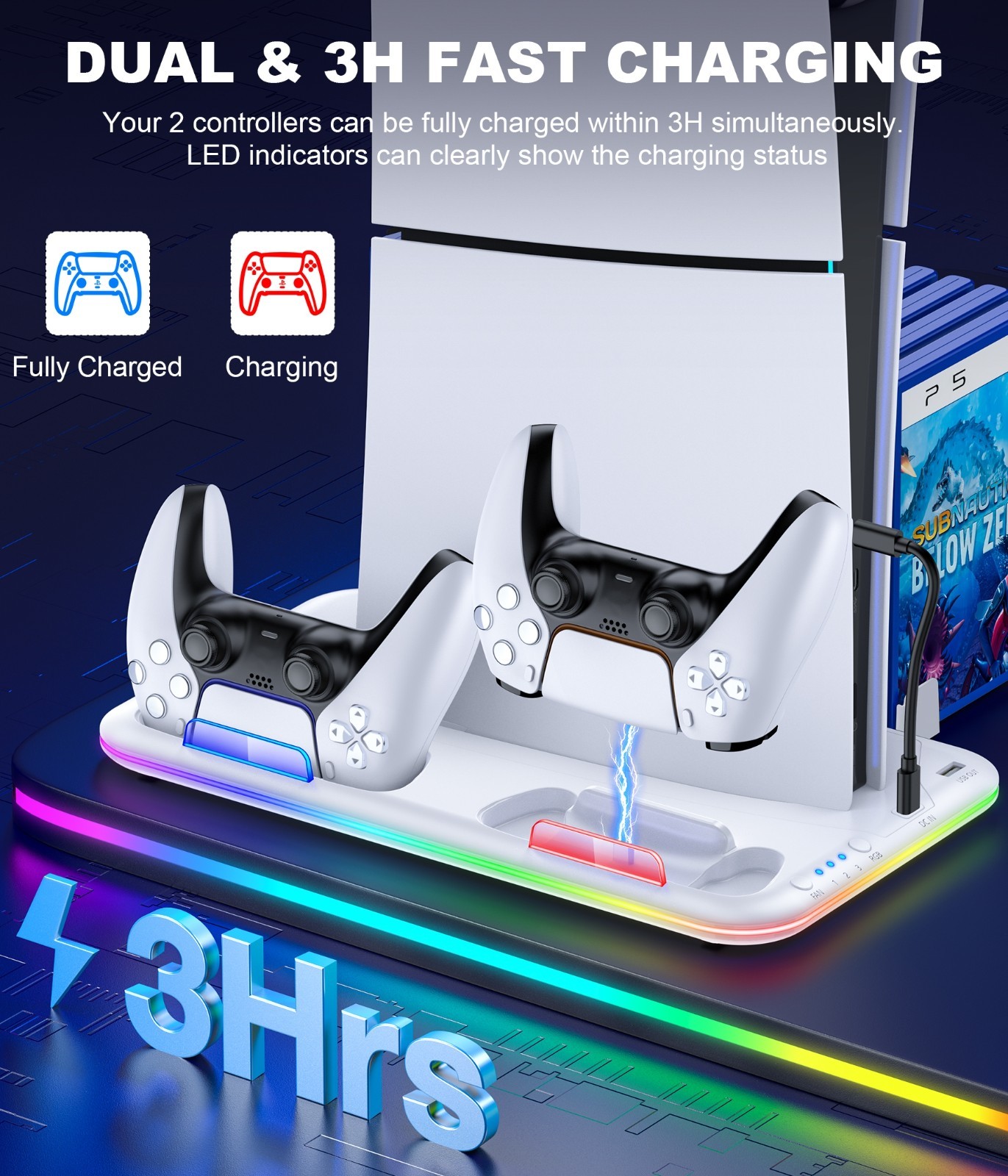 PS5 Stand Cooling Station Controller Charging Station for PS5 Slim/Disc/Digital