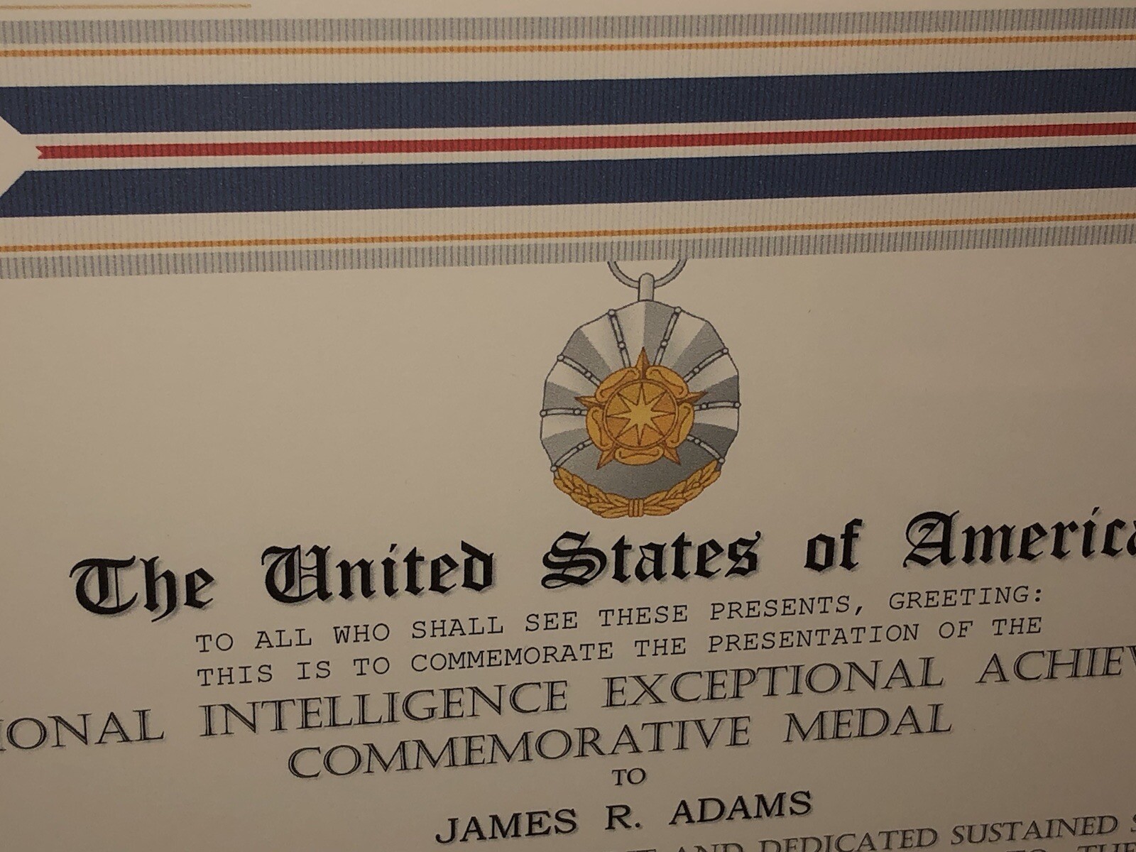 NATIONAL INTELLIGENCE EXCEPTIONAL ACHIEVEMENT COMMEMORATIVE CERTIFICATE Type-1