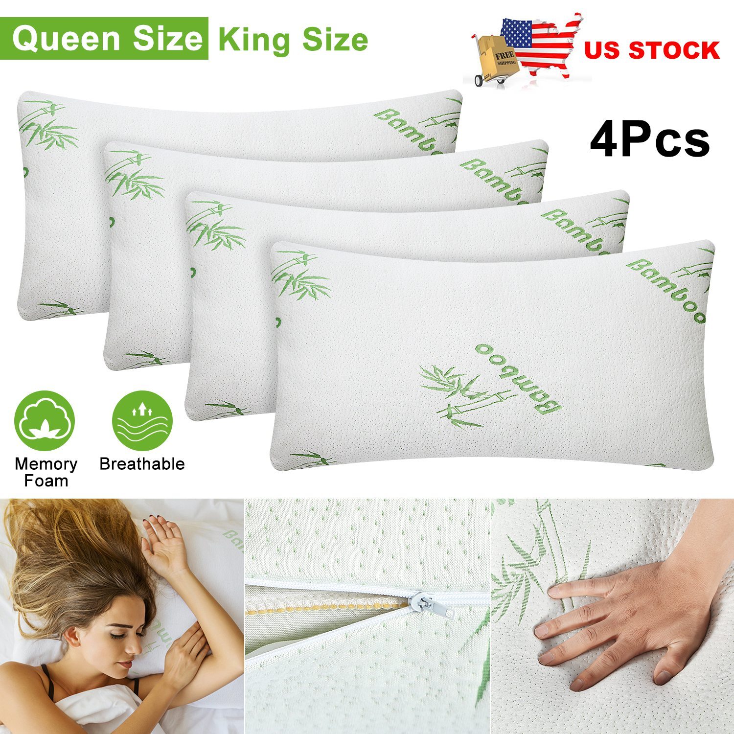 4pcs King Queen Bamboo Pillow Hypoallergenic Memory Foam Pillows Removable Cover
