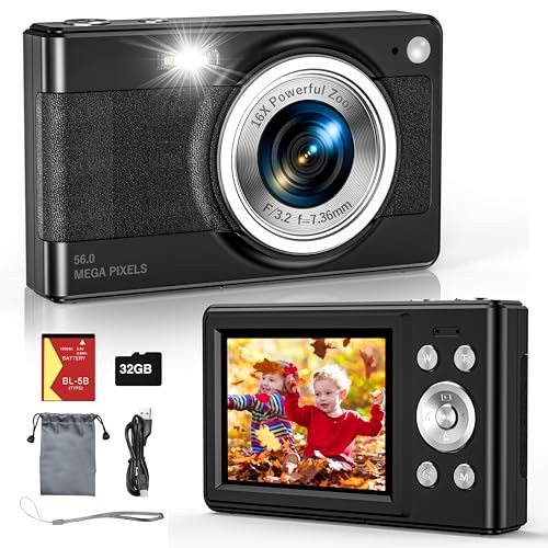 2025 New Digital Camera, 56MP FHD 1080P for Kids with 16x Digital Zoom Black