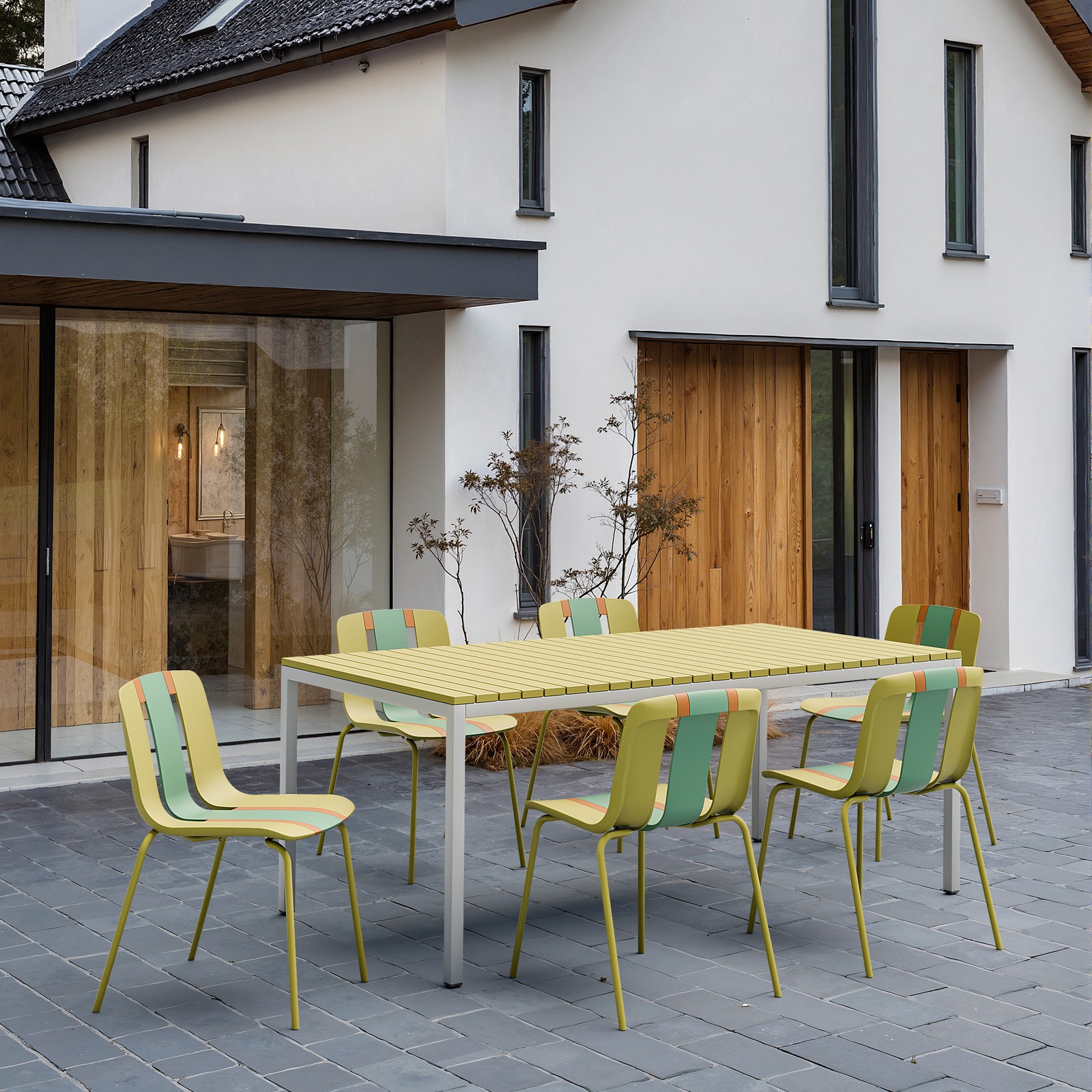 Color Block Outdoor Chairs, 4-Pack Set w/ Sturdy Metal Legs & PP Seats