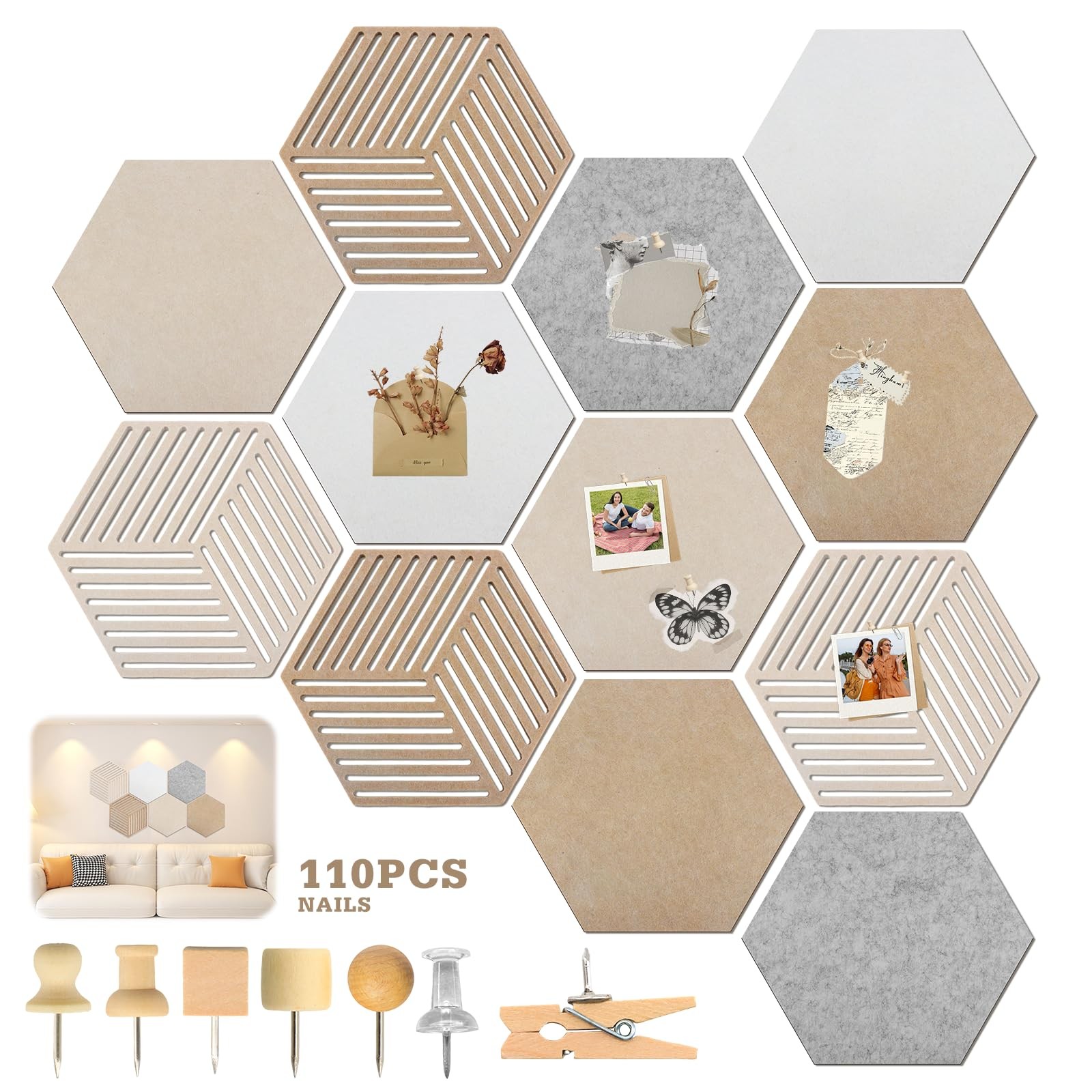 12 PCS 12 Inch Hexagon Cork Board With 110 Push Pins Decorative Wall Tiles