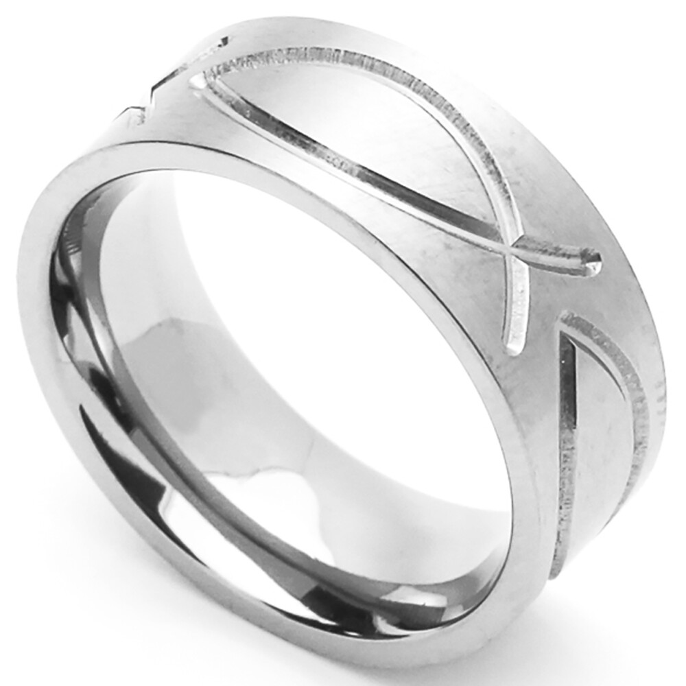 Men Women Fashion 8MM Comfort Fit Stainless Steel Band Christian Fish Ring