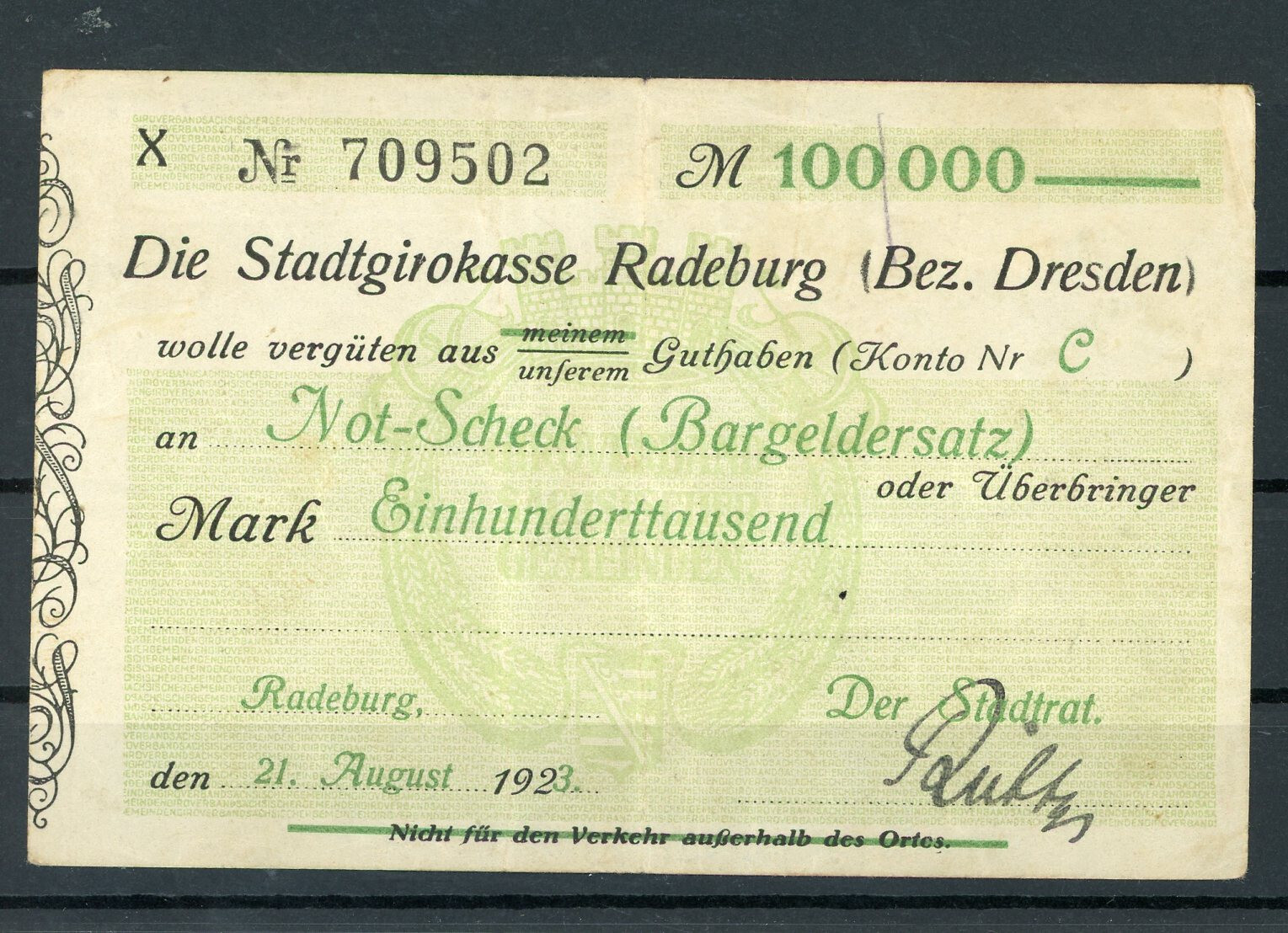 Radeburg 100.000 Mark Notgeld Banknote 2/20413