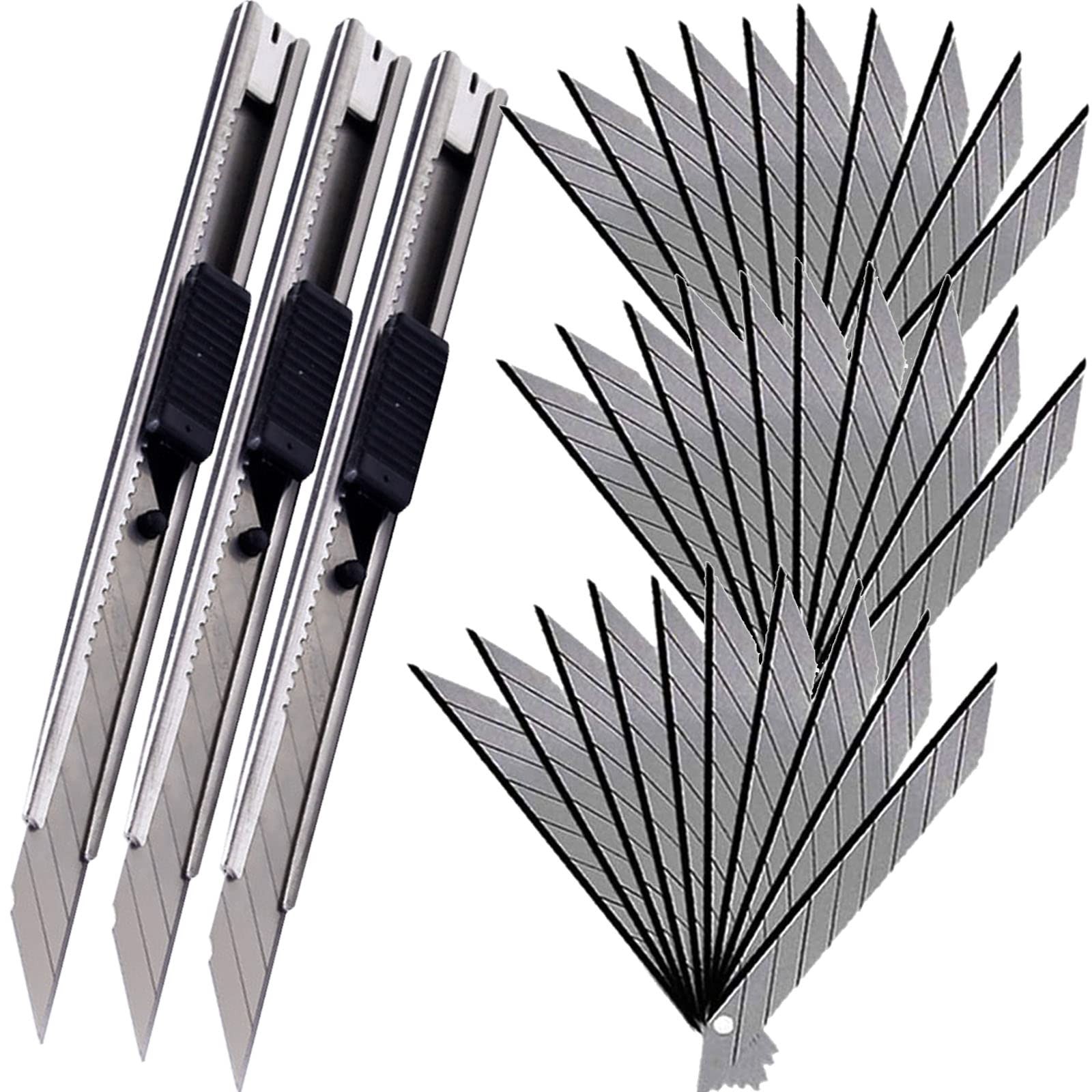 9Mm Snap off Utility Knife 3 Pack High Hardness Retractable Box Cutters with 30