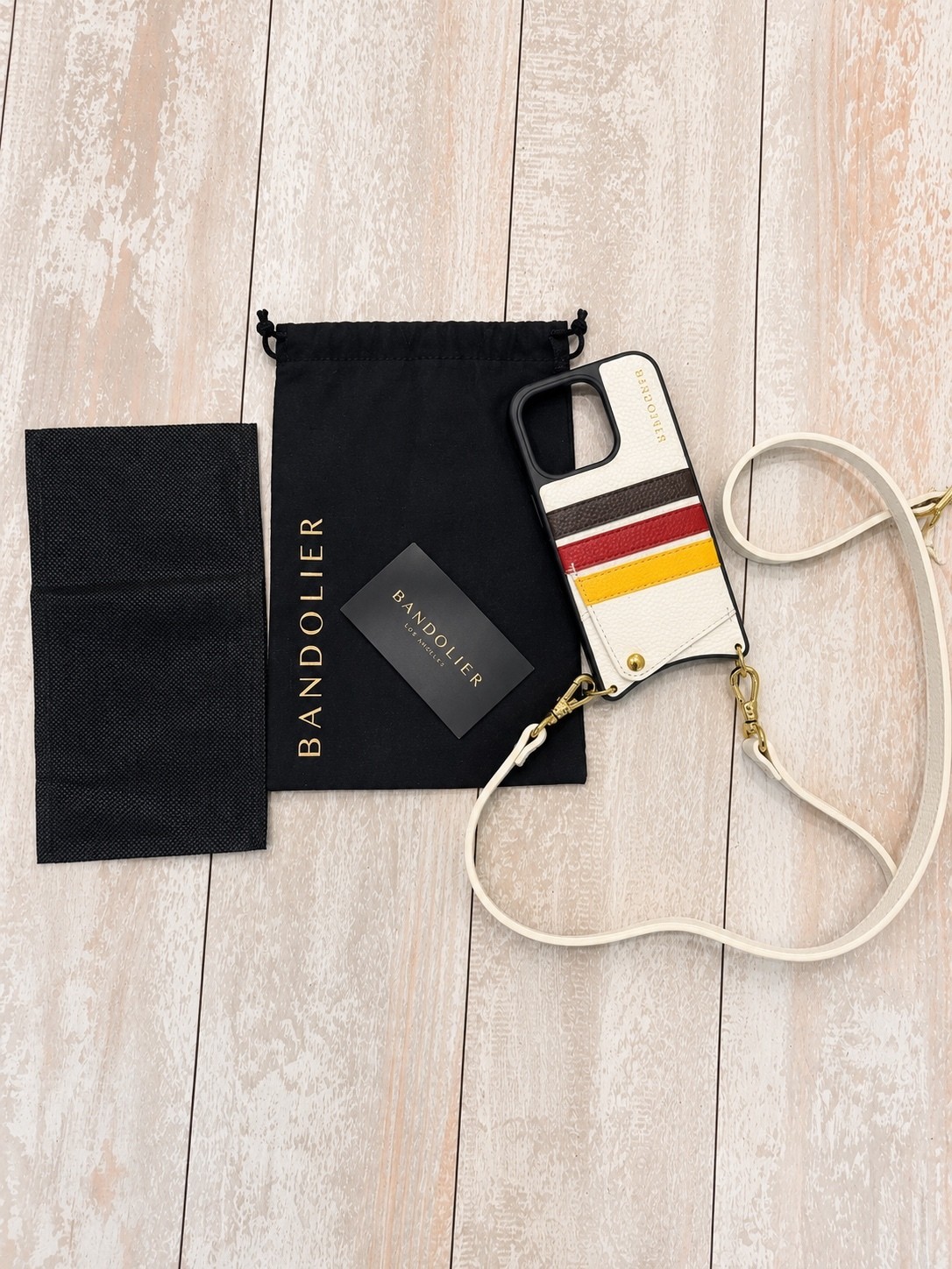 Bandolier iPhone 15 Pro Crossbody Case White Leather w/ Strap & Dust Bag