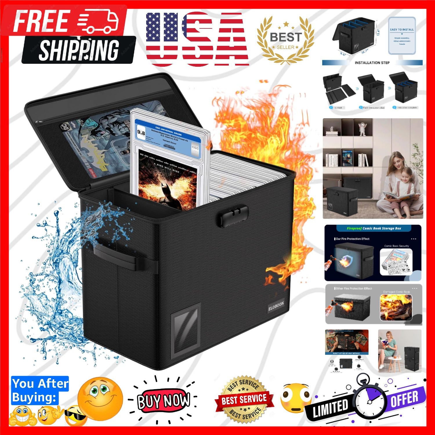Graded Comic Book Storage for 30 Comics, Fireproof & Water-Resistant & Moistu...