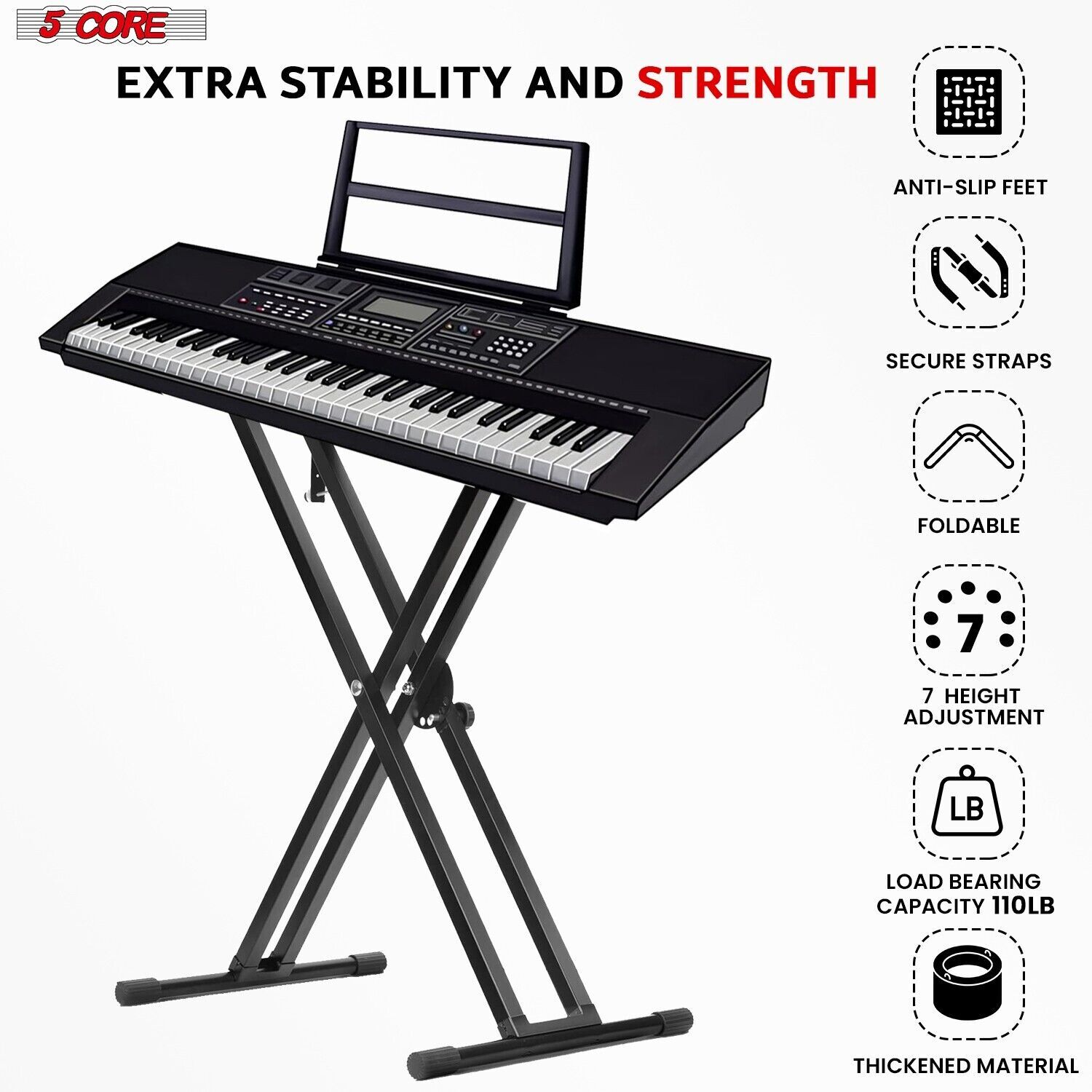 5Core Keyboard Stand Double X Style Adjustable Lift Piano Riser For 49 - 88 Keys