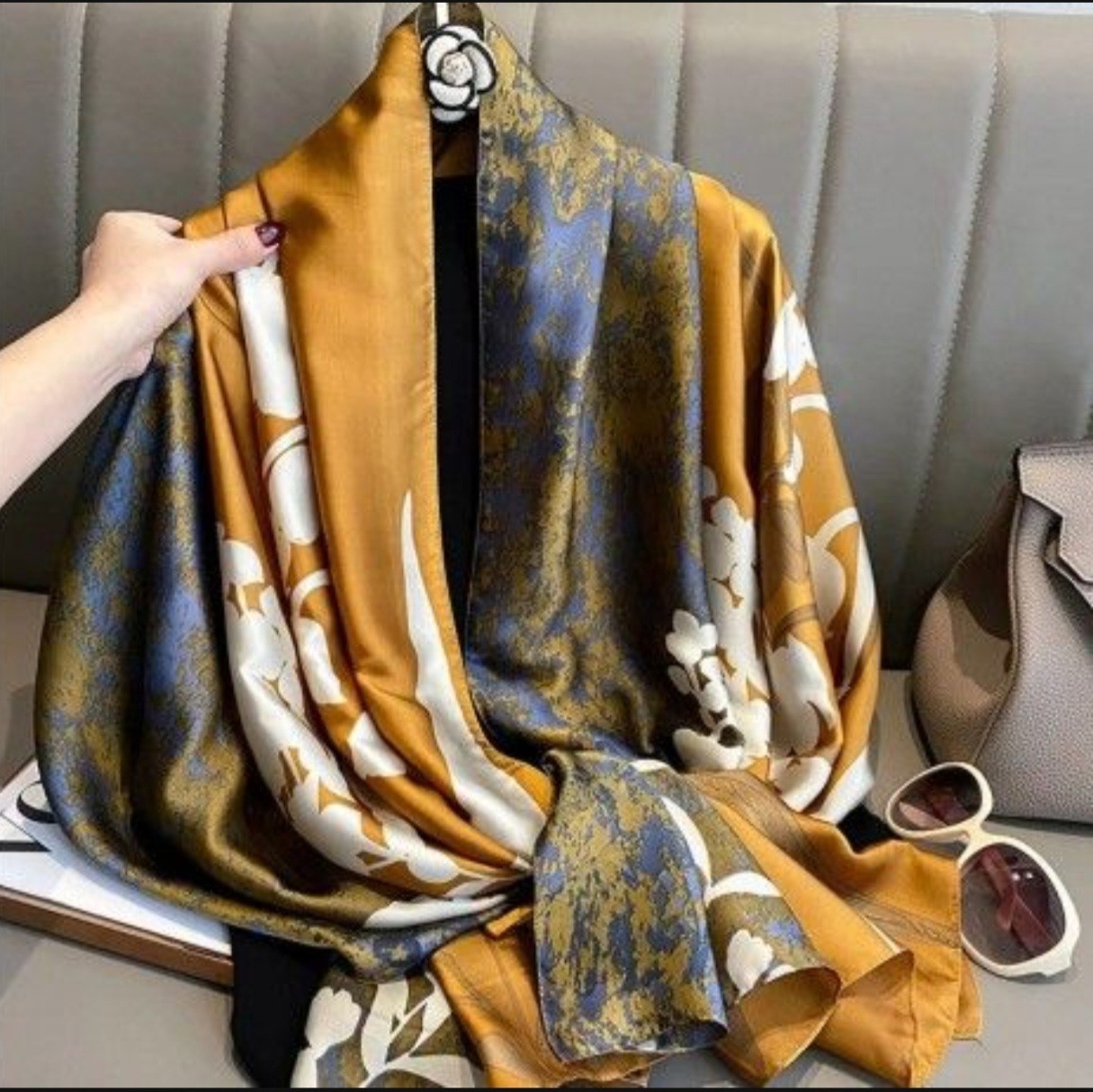 Rectangle Scarf  Satin Gold Blue White Floral Print for Women