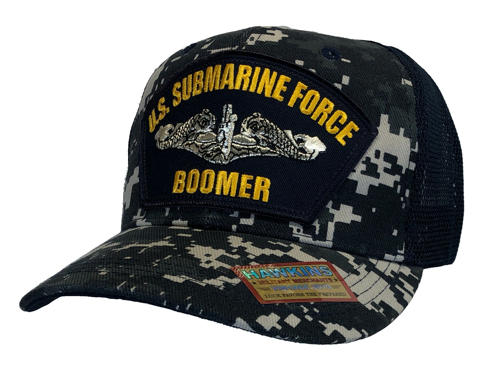 'BOOMER' U.S. Submarine Force FBM Hat Digital Blue Trucker Mesh Back