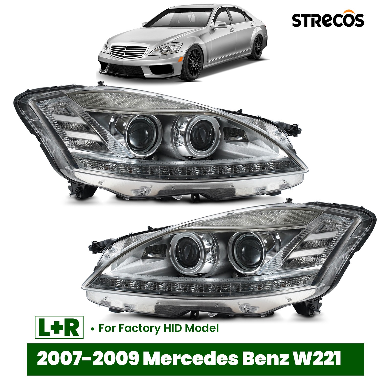 For 2007-2009 Mercedes Benz W221 S550 S-Class Xenon HID LED Headlights Chrome