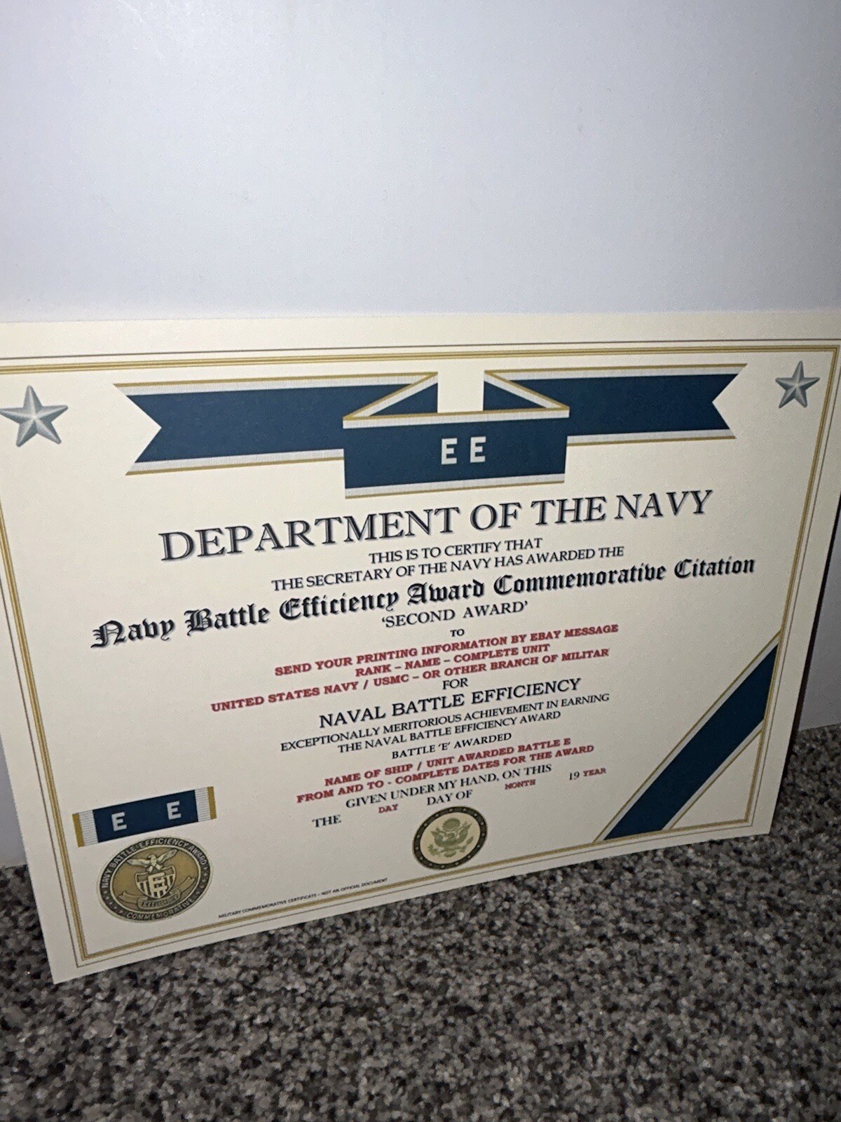 NAVY BATTLE E CITATION~2ND AWARD COMMEMORATIVE CERTIFICATE ~ TYPE-2 / W/PRINTING