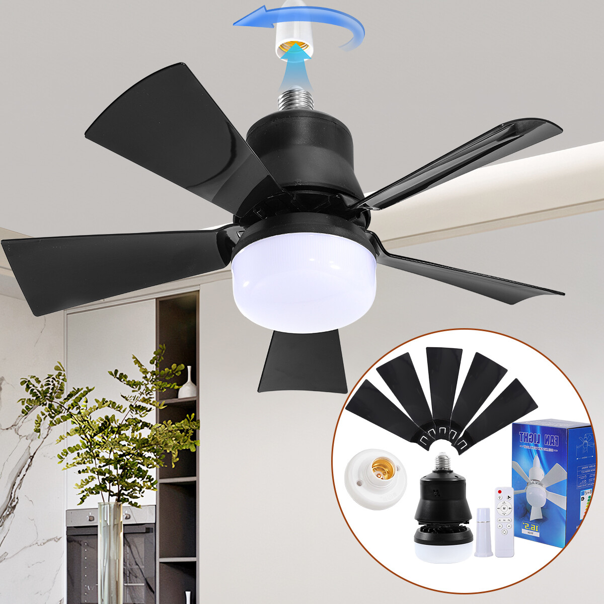 E27 30W Socket Fan Light with Remote Ceiling Fans w/ LED Lights Dimmable Bedroom