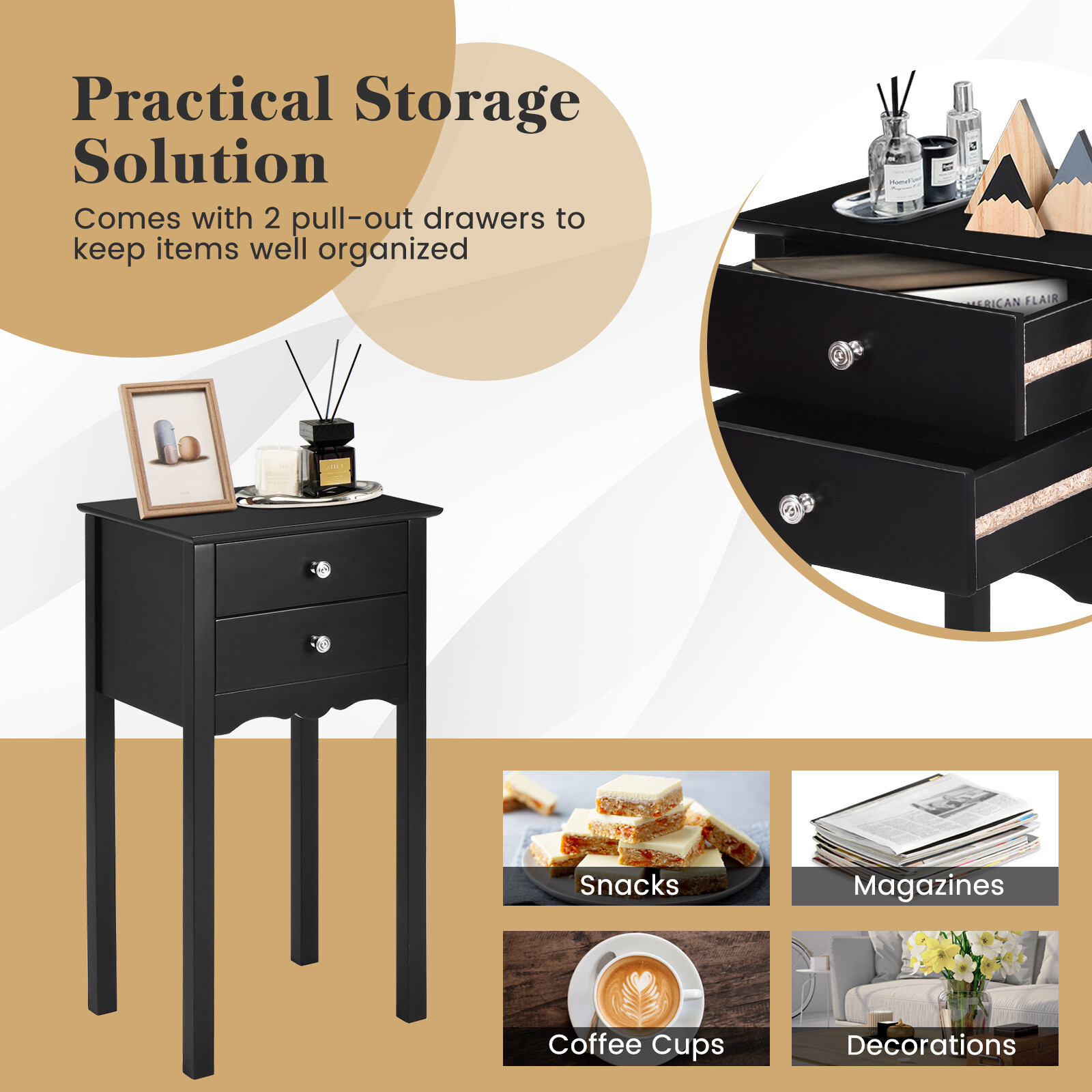 2 PCS Side Table End Accent Table Night Stand W/ 2 Drawers Black