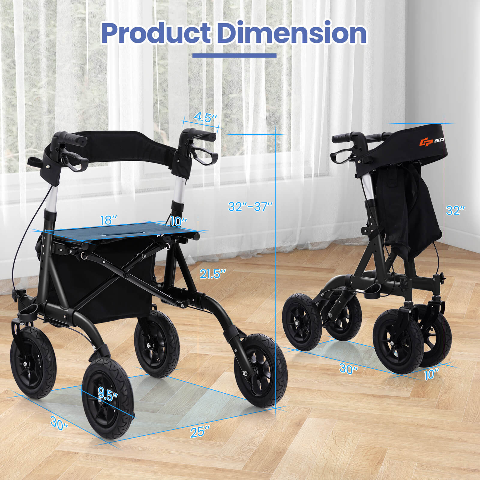Foldable Height Adjustable Rollator Walker w/ Seat, Storage Bag for Seniors