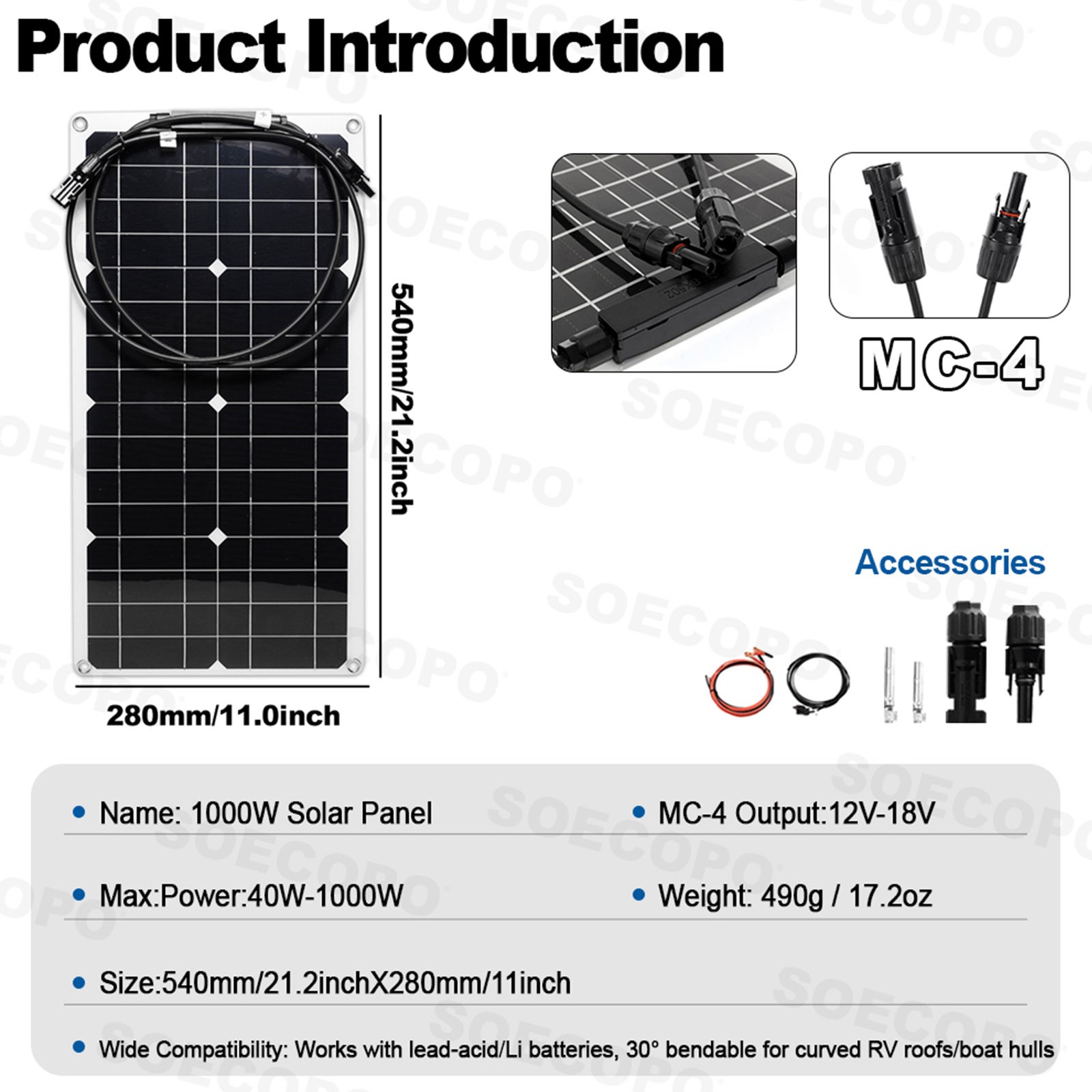 SOECOPO 10000W Peak Solar System Kit Flexible Panel 100A Controller 12V 110/220V