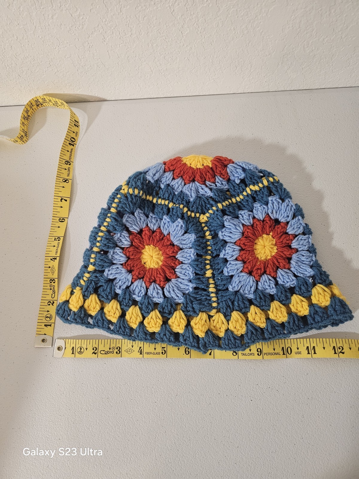 Handmade Crochet Granny Square Hat Multicolor Blue Yellow Red