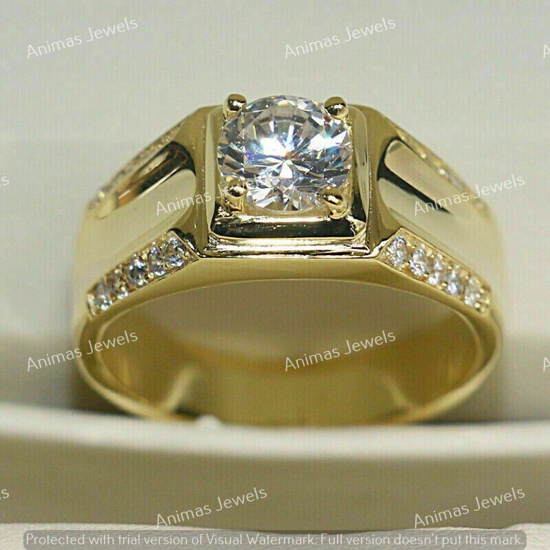 Men's 1.25 CT Round Cut Moissanite Halo Engagement Ring 14K Yellow Gold Plated
