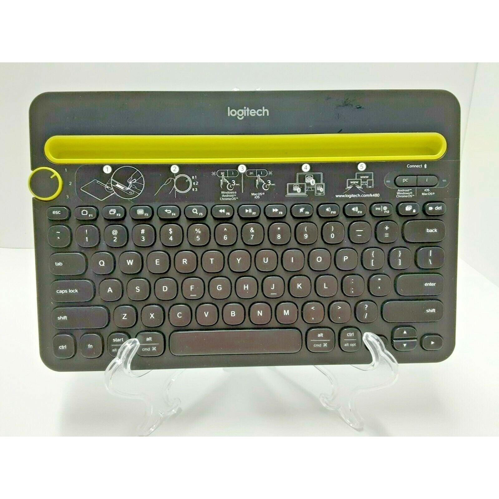 Logitech K480 Bluetooth Multi-Device Keyboard Black Lime Green Tablet Phone Slot