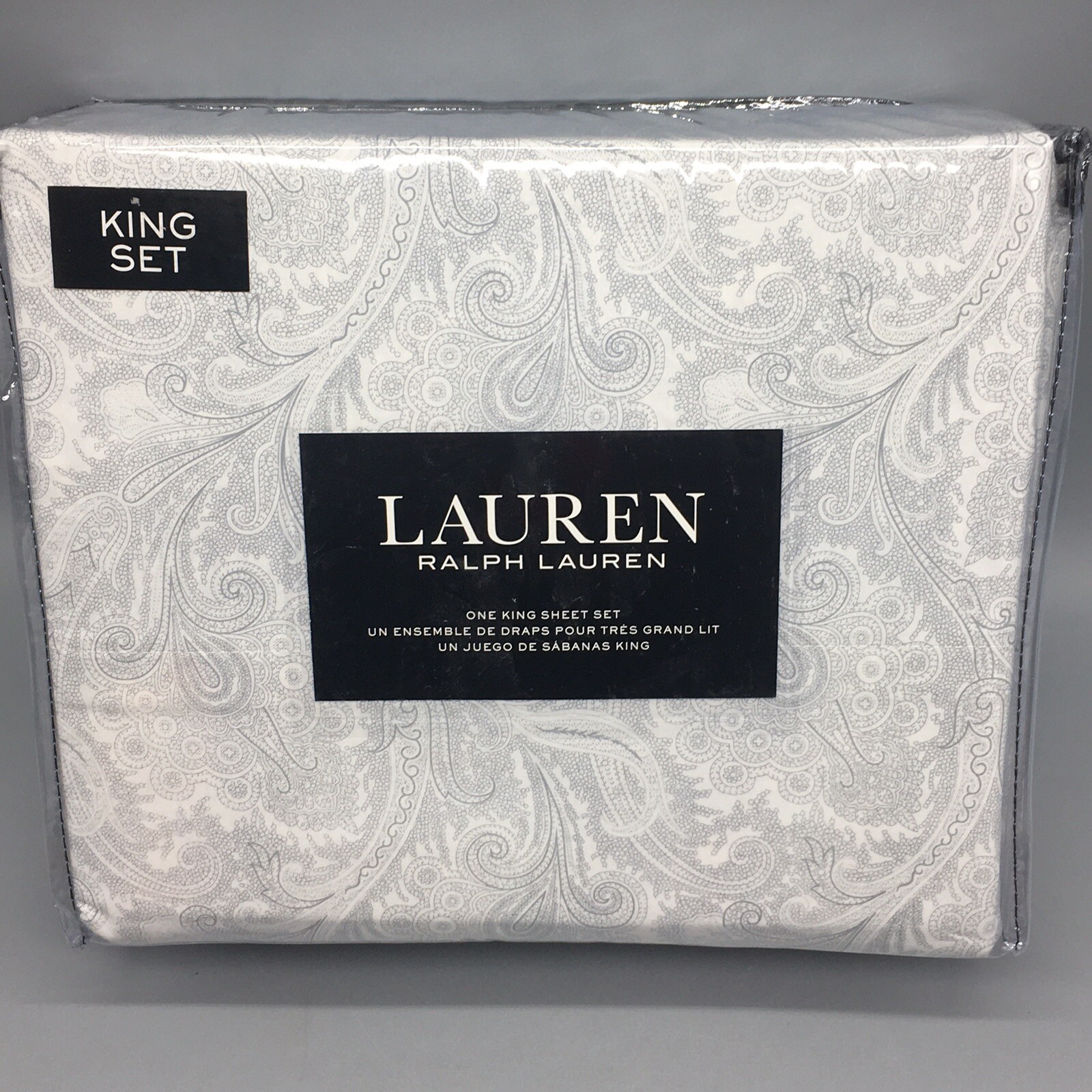 4pc Ralph Lauren Gray Paisley KING Sheet Set Off White Extra 18" Deep Mattress