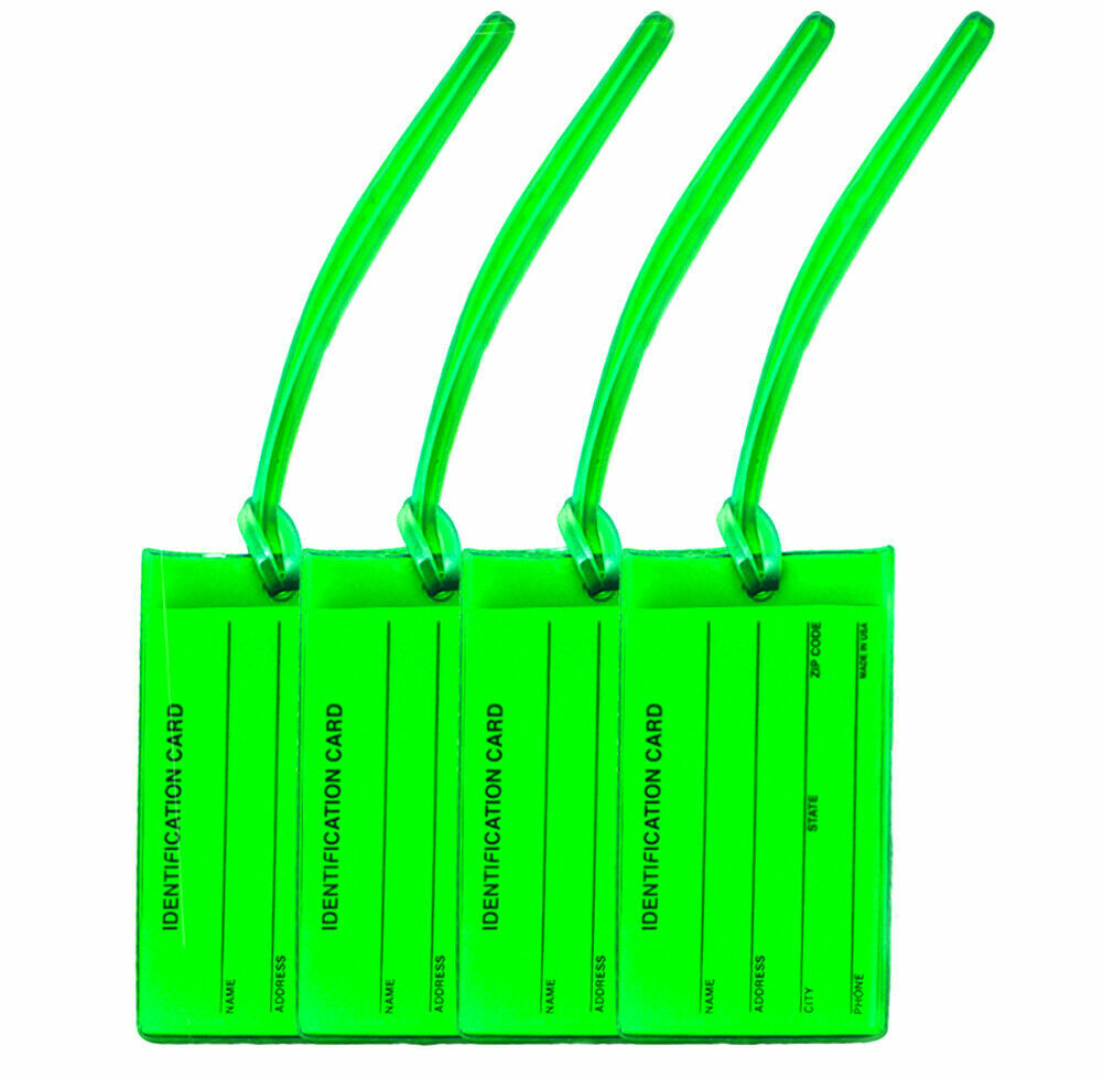 4 Neon Green Luggage Tags | High Visibility | Fits Business ID | Made in USA