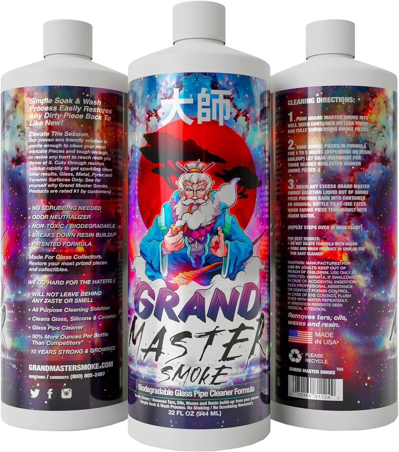 GRAND MASTER SMOKE Soak & Wash Biodegradable Formula Bong Cleaner 32 oz