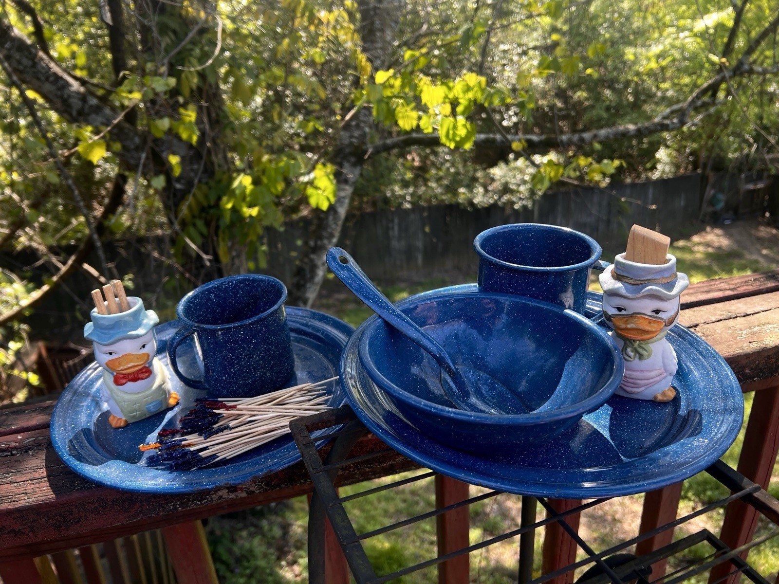 Vintage Camp Picnic Set w/ Enamelware + Adorable Duck Toothpick Holders