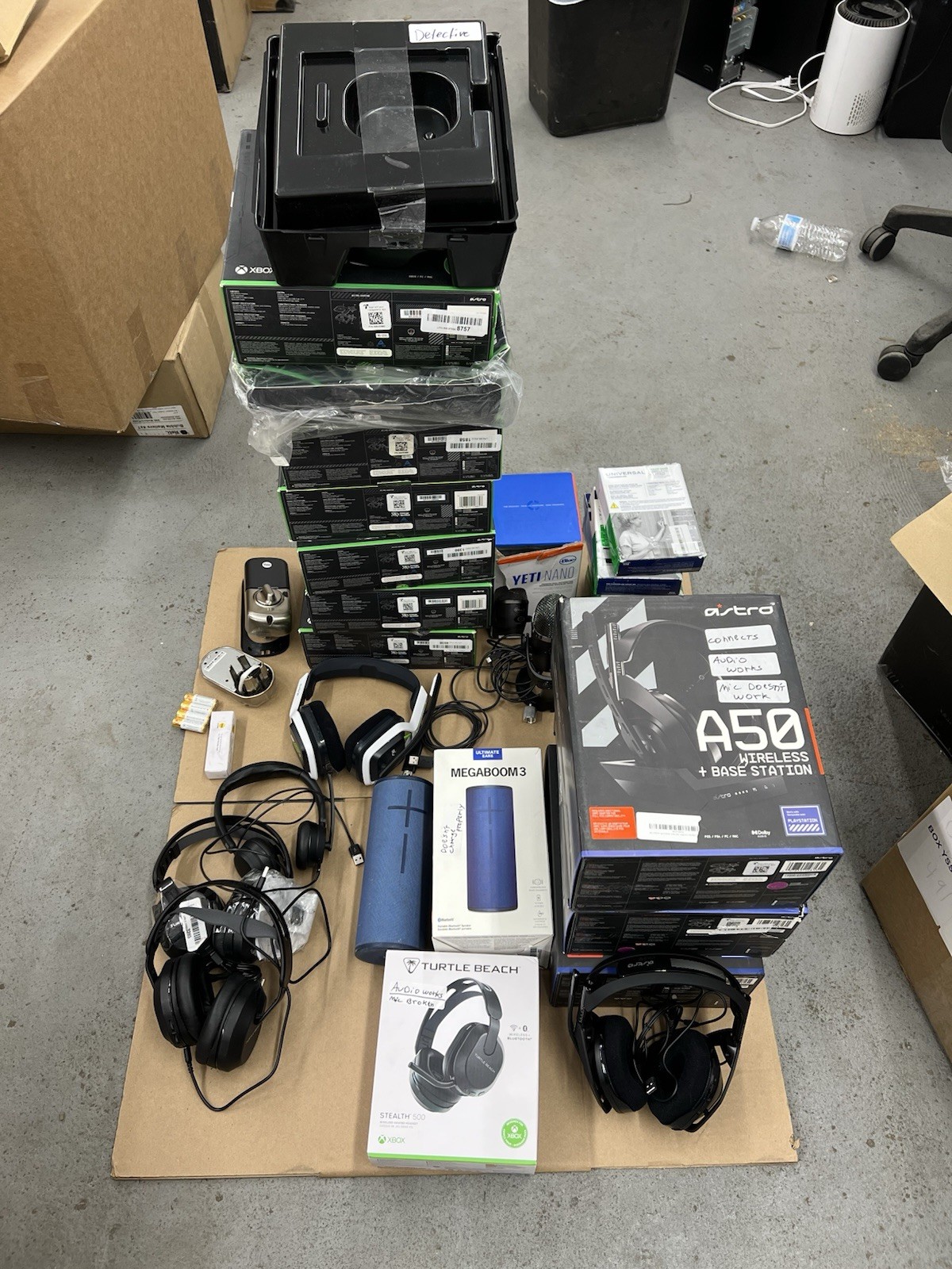 Lot Of 28 Speakers Headphones Electronics + Megaboom For Parts Defective