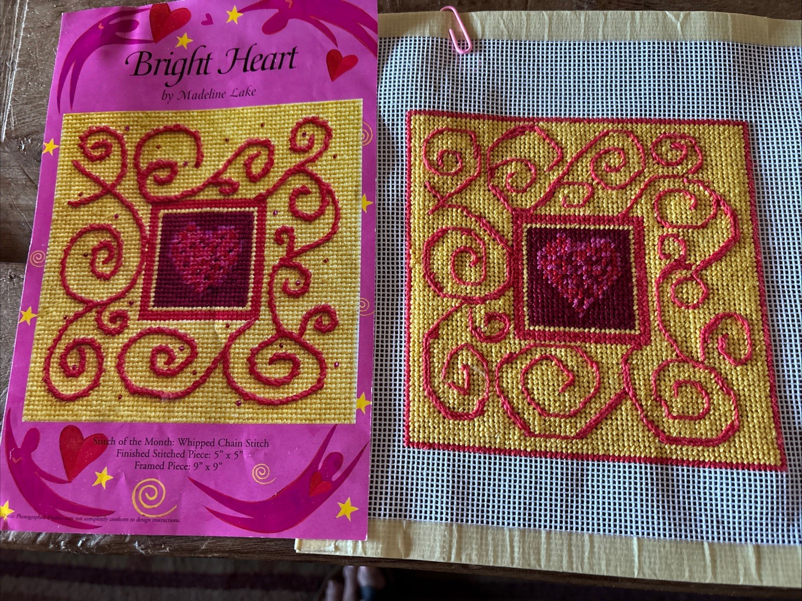 Bright Heart Needlepoint Canvas Stitched Madeline Lake Yellow Orange Red Pink