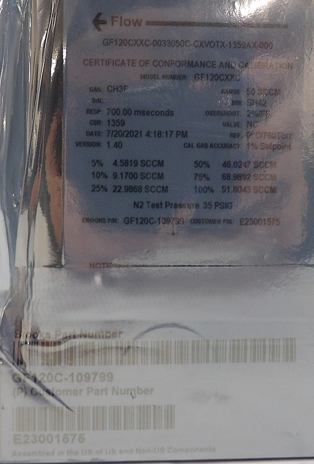 Brooks Instrument GF120C-109799 Mass Flow Controller MFC 50 SCCM CH3F New