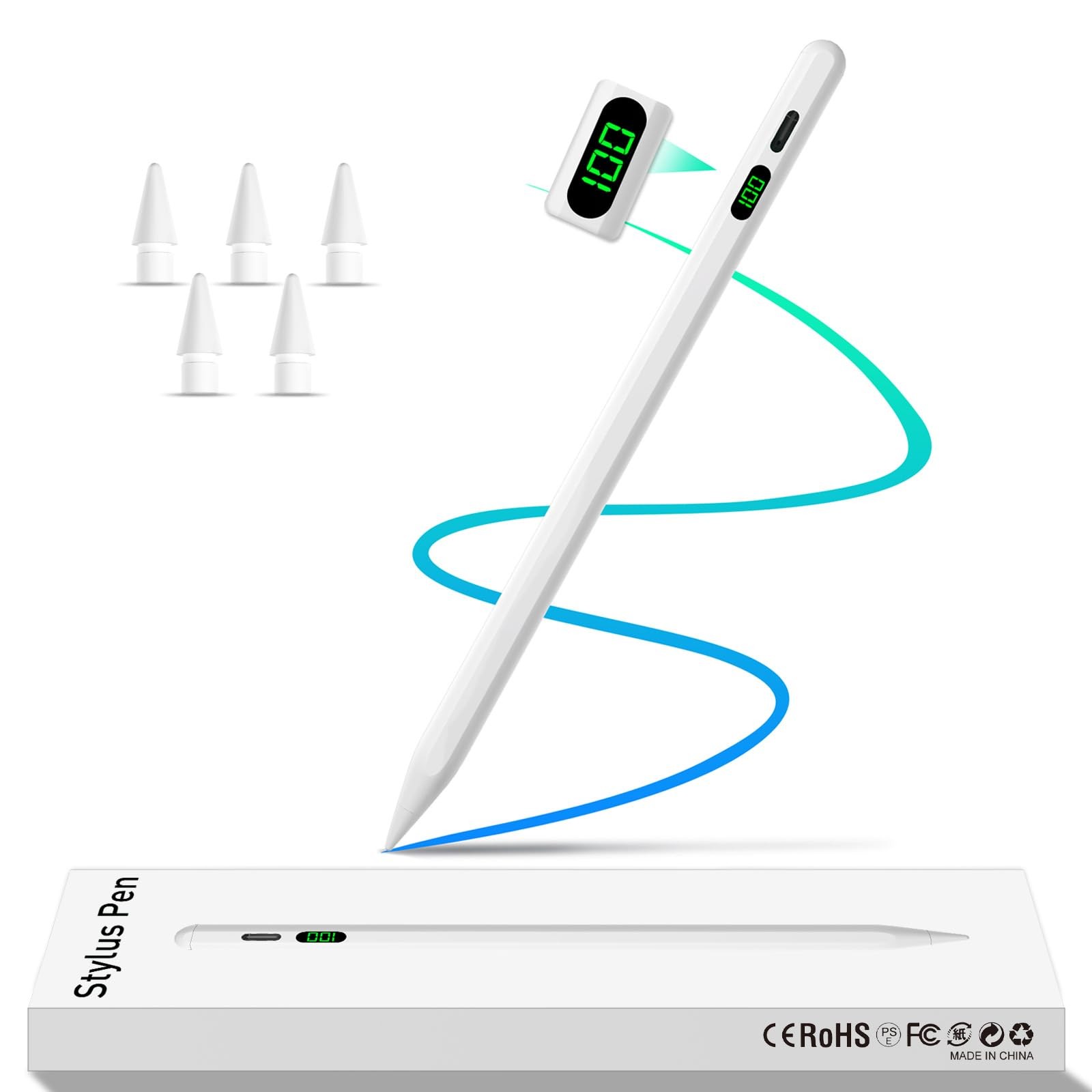 Stylus Pen for iPad 10th&9th, LED Power Display Pencil Fast Charge white