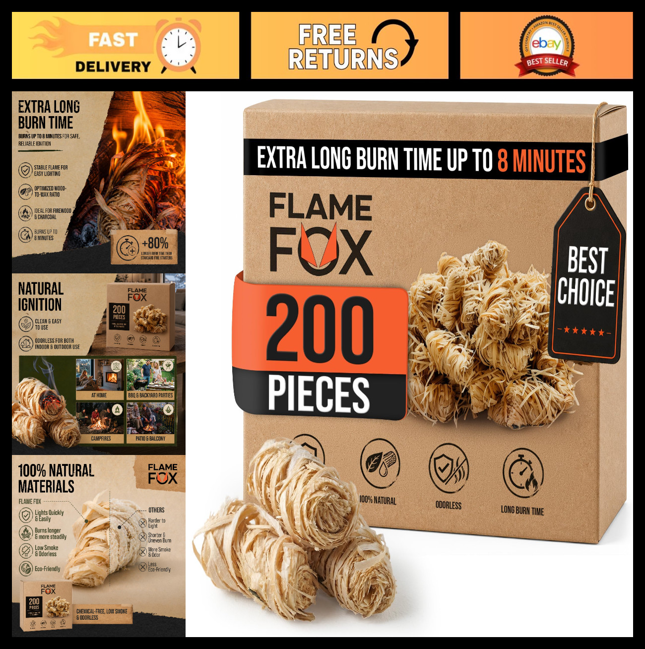 200 pcs Natural Wood Wool Fire Starters - Odorless, Long Burning, Eco-Friendly f