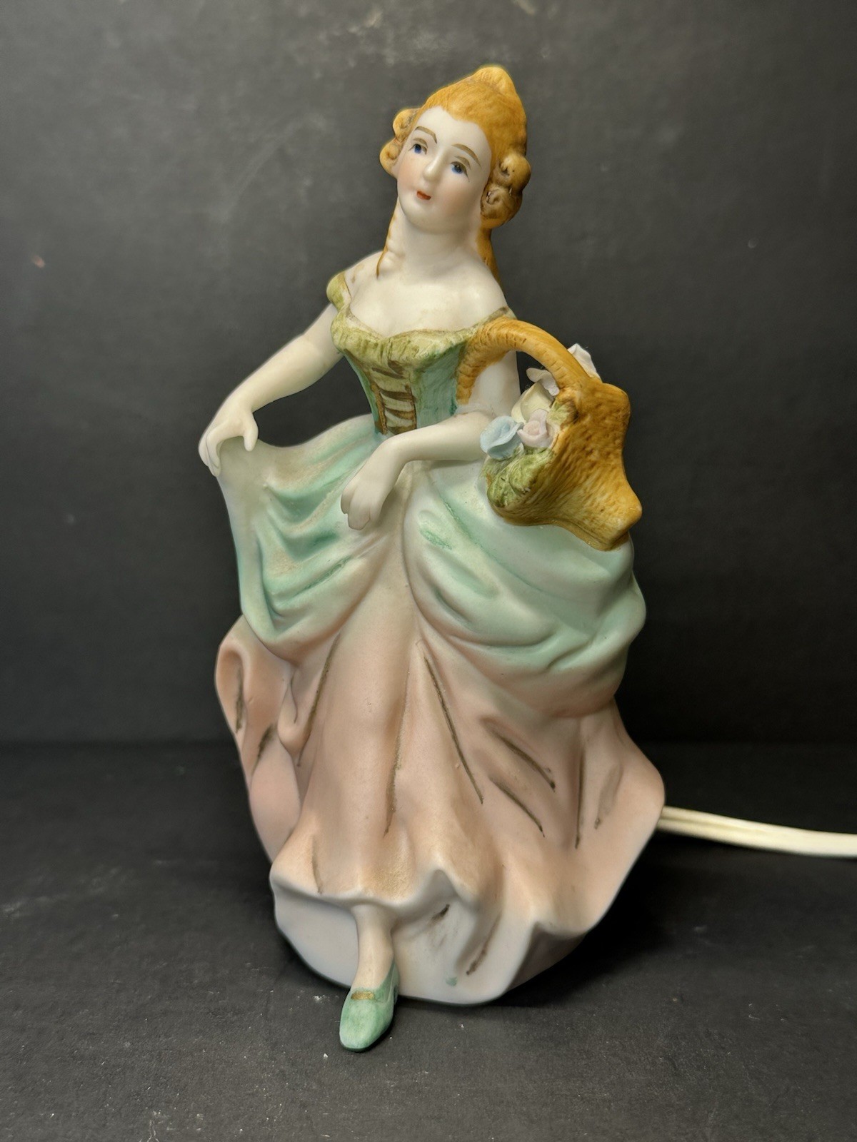 Vintage MCM I.W. Rice Victorian Lady Nightlight Figurine w/ Flower Basket 6.5"