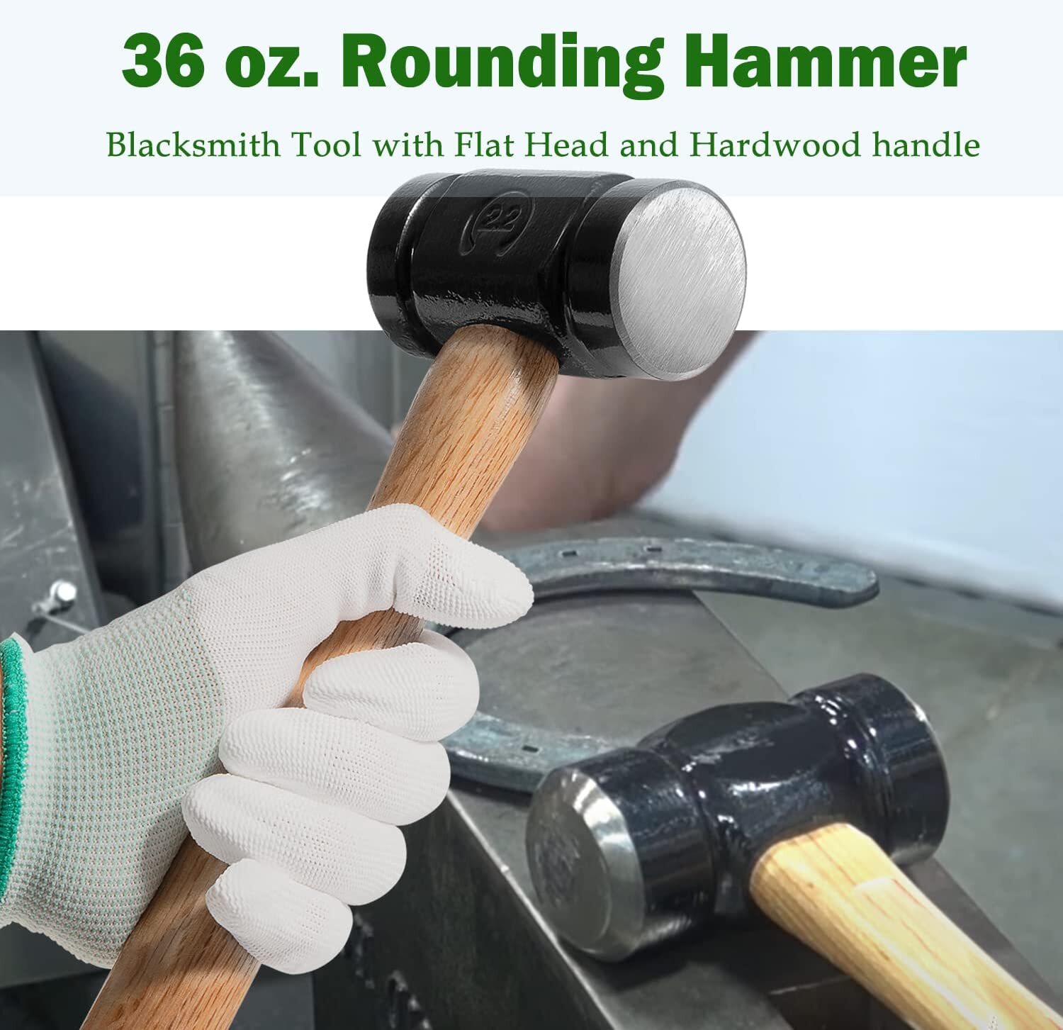 36oz Round Hammer Farriers Tool Flat Head & Hardwood Handle Blacksmith Hammer