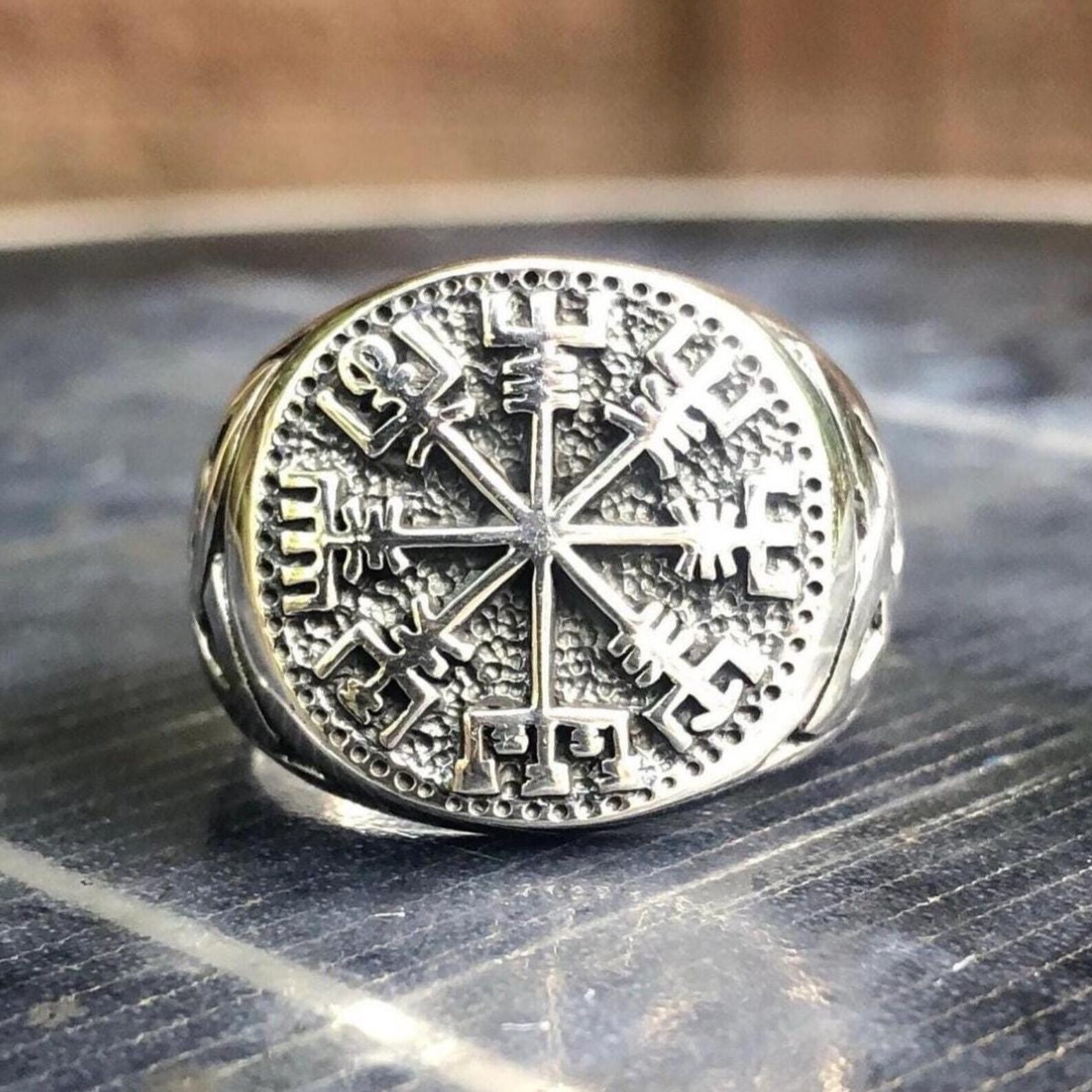 Handcrafted 925 Sterling Silver Vegvisir Celtic Knot Design Norse Viking Ring
