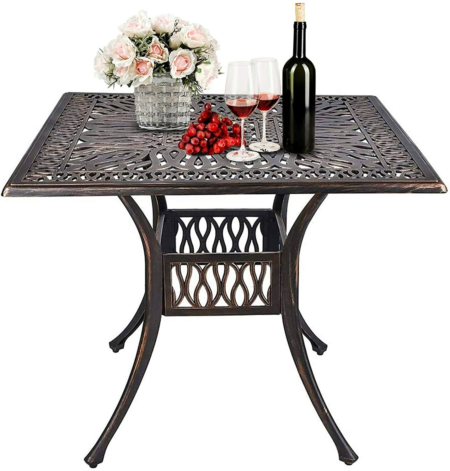 35.7" Square Cast Aluminum Dining Table, Bistro Table with 2.4” Umbrella Hole