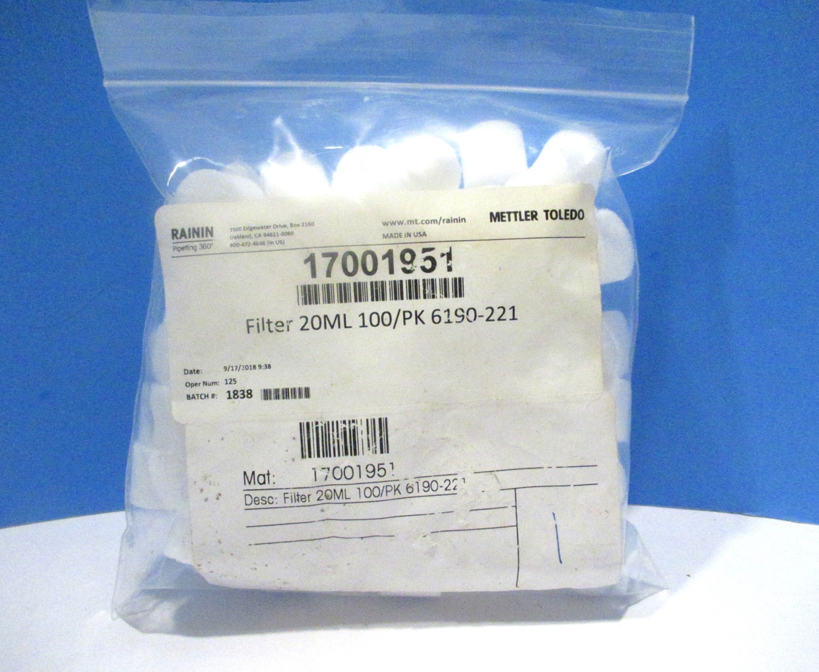 100 Mettler Toledo 6190-221 Filters for Rainin Single Channel Pipettes 2ml-20ml