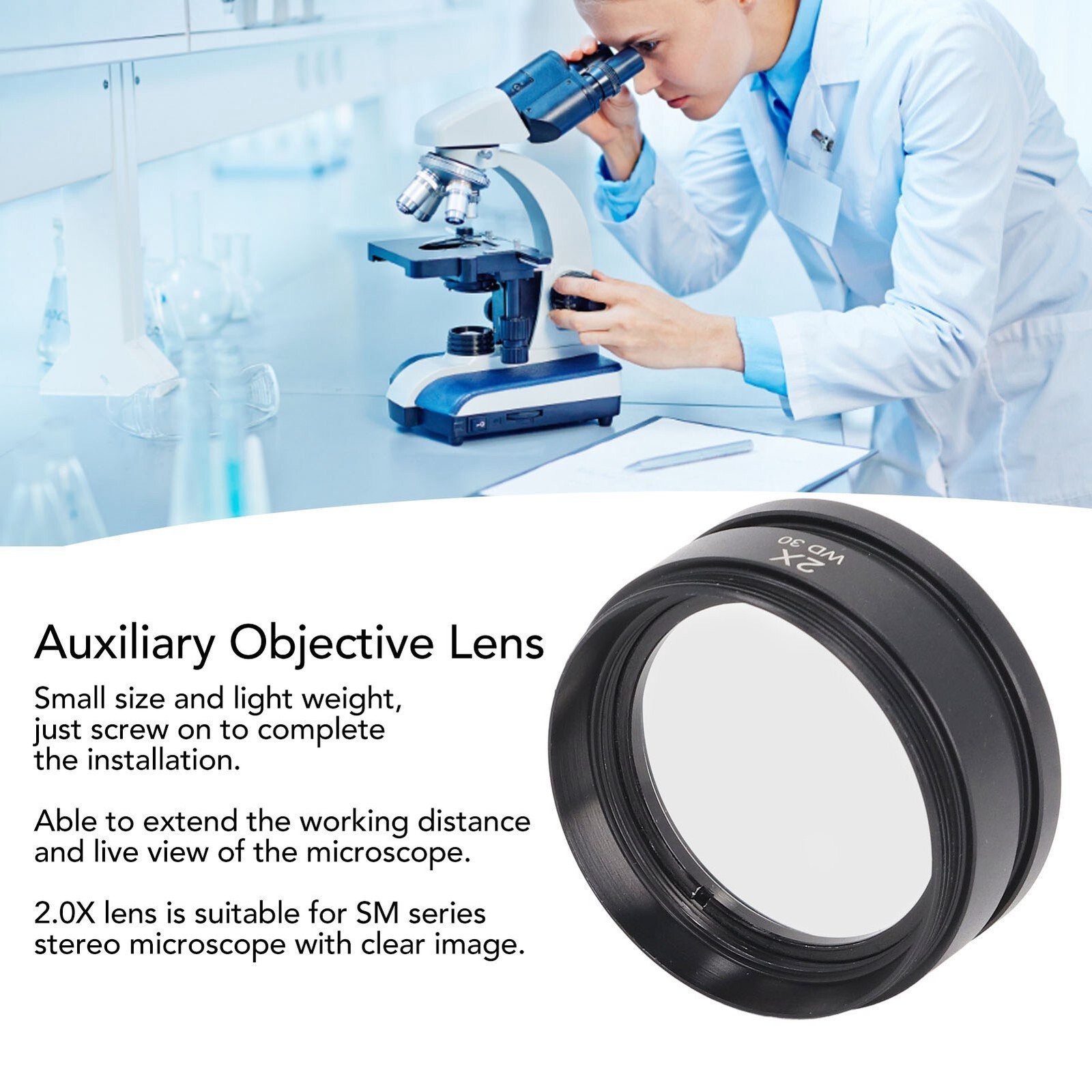 Auxiliary Objective Lens Aluminium Alloy 2X Accessory for Stereo Microscope WD30