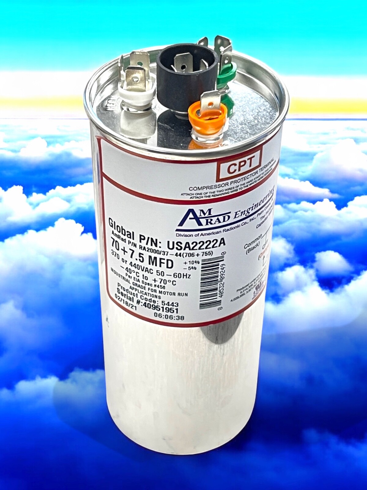 70 + 7.5 uF MFD x 370 / 440 VAC Motor Run Capacitor AmRad USA2222A - Made in USA