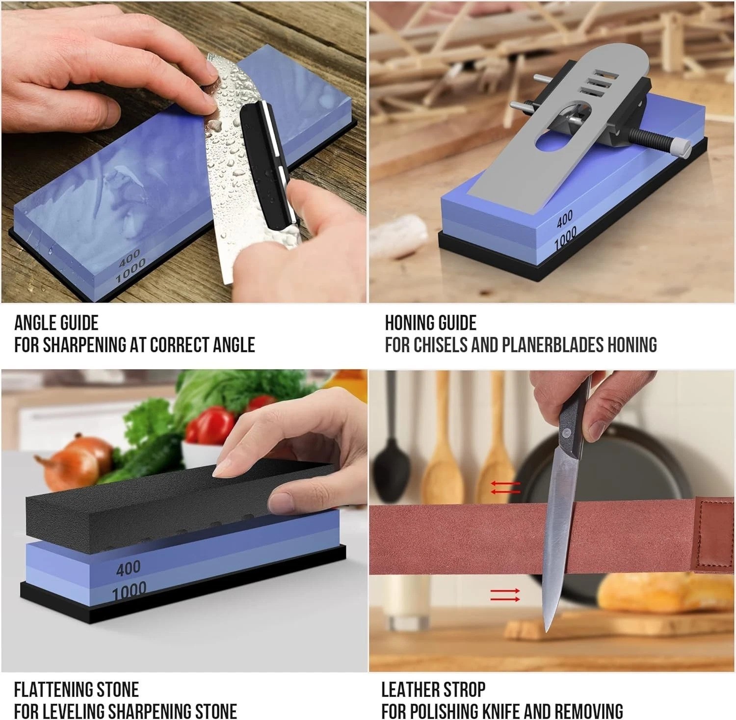 Multi-Purpose Whetstone Knife Sharpener with Cut Resistant Gloves & Strop