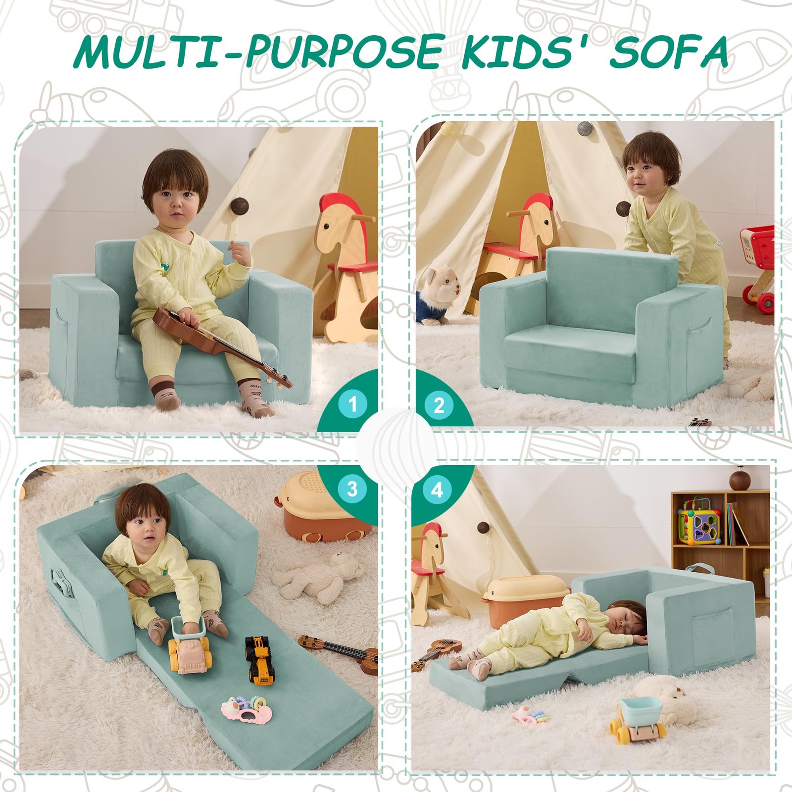 Kids Couch, 2-in-1 Toddler Chair Comfy 1-3 Years, Convertible Kids Chair, Tod...