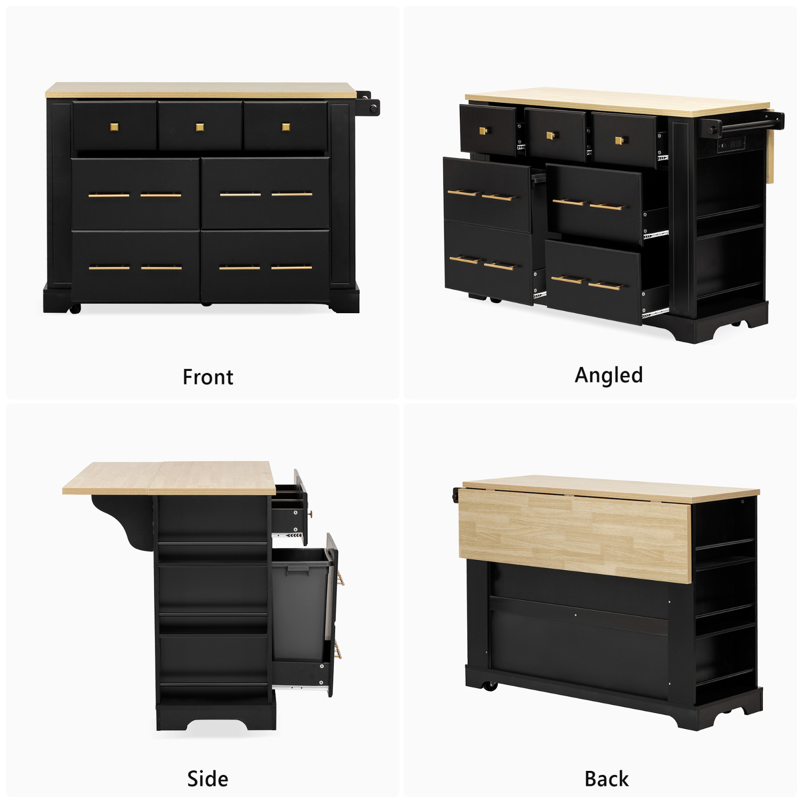 Kitchen Island w/6 Drawers, Pull Out Trash Can Storage, Rolling Kitchen Island