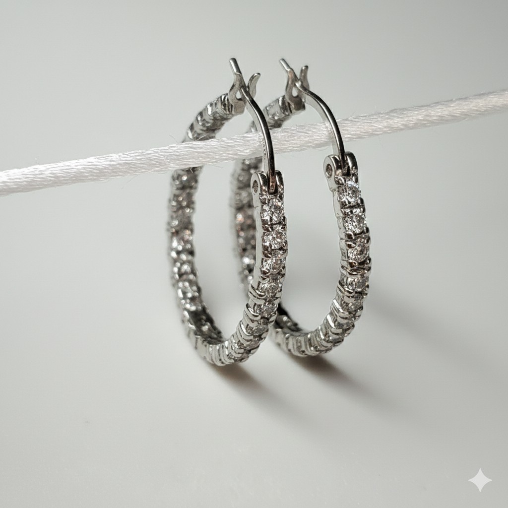 Earrings 1" Hoops 925 Sterling Silver FAB Prong Cubic Zirconia Pierced Vintage