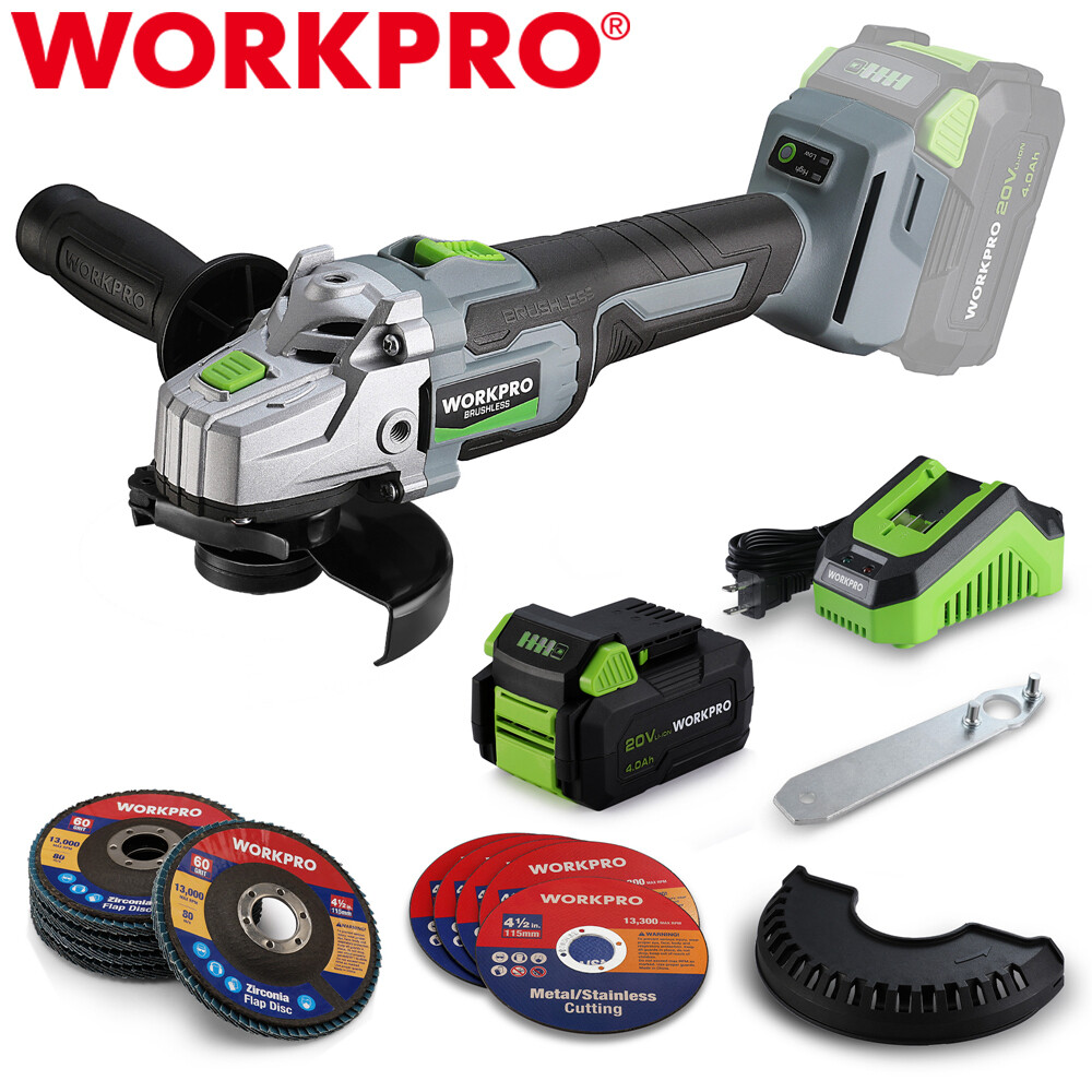 WORKPRO 20V Brushless Motor Cordless Angle Grinder Kits 4-1/2" Disc 4.0A Battery