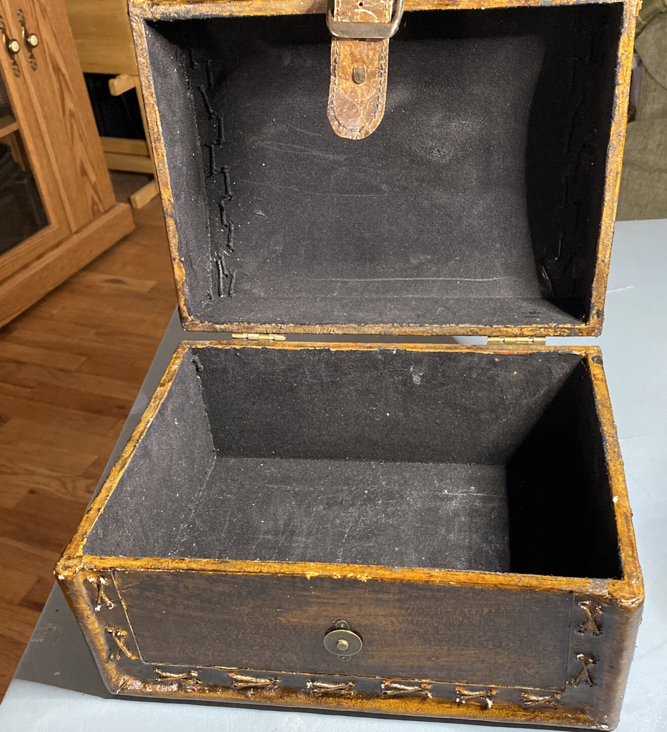 Decorative Brown Wooden Trunk with Front Buckle Snap Closure